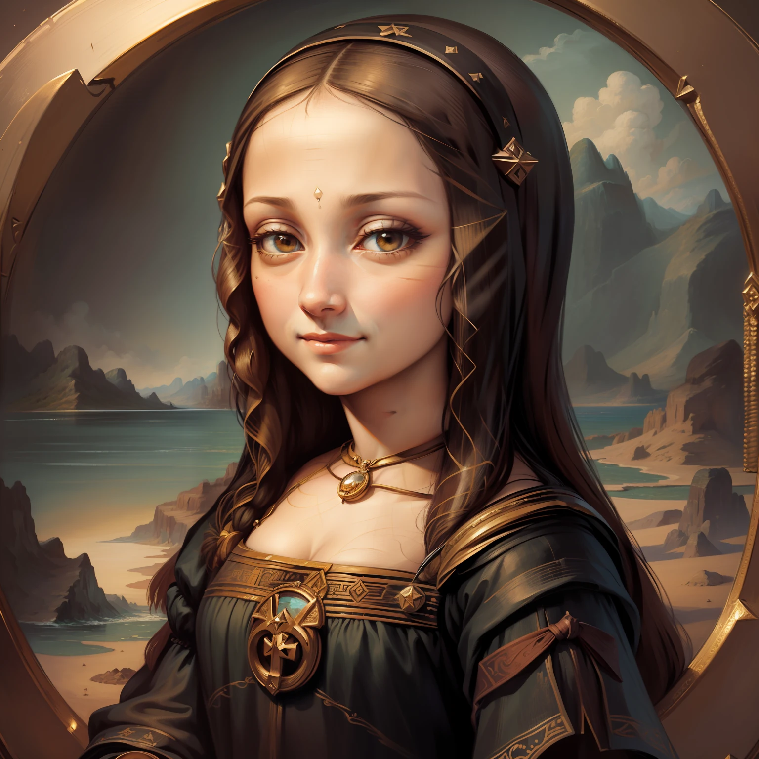 A picture of Arad drawn by a smiling woman, ((monalisa)), mona lisa as a real person, monalisa, monalisa, mona lisa style, mona lisa painting, similar to the mona lisa, painting of mona lisa, portrait of the mona lisa, monalisa, ( davinci ), negative no not mona lisa pose