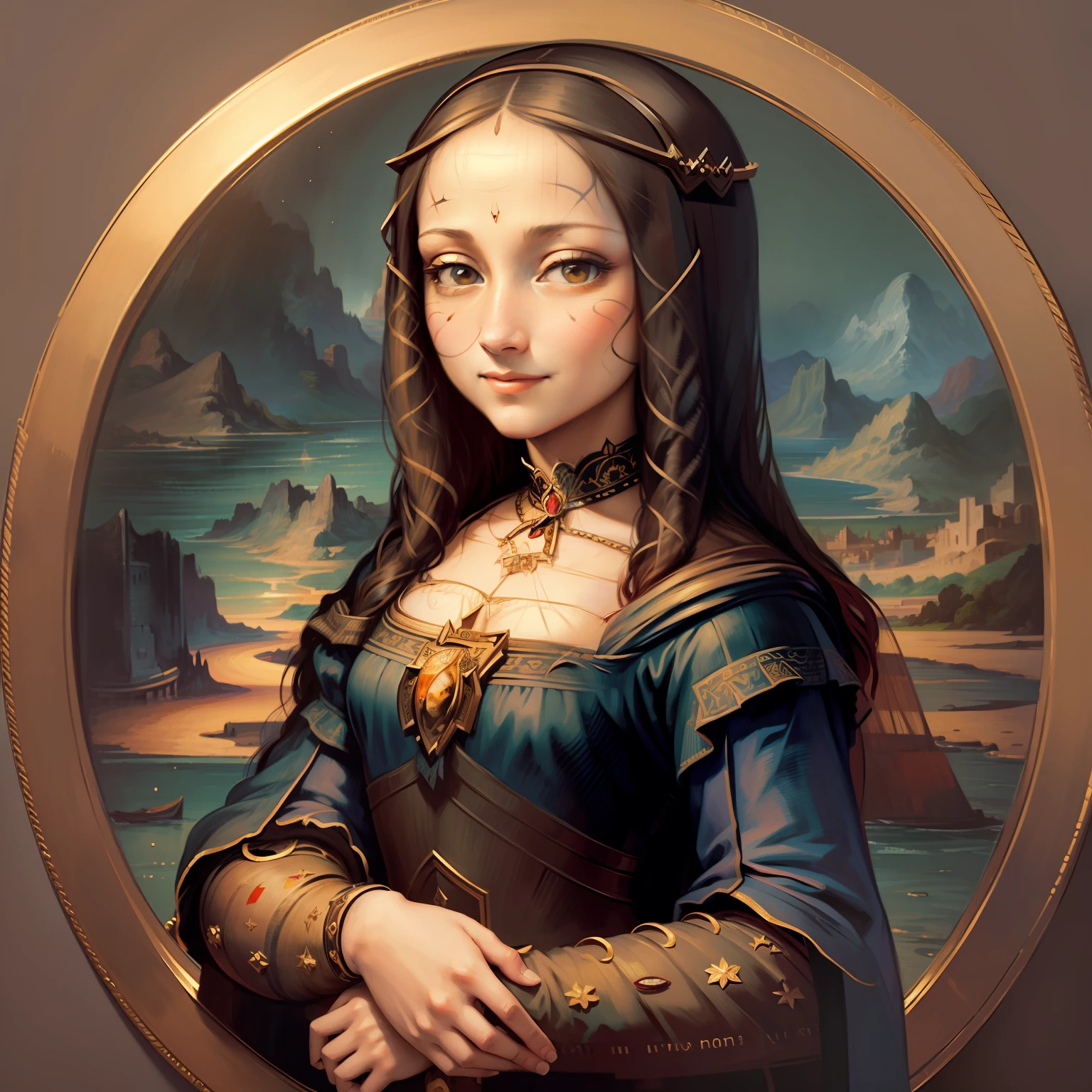 A picture of Arad drawn by a smiling woman, ((monalisa)), mona lisa as a real person, monalisa, monalisa, mona lisa style, mona lisa painting, similar to the mona lisa, painting of mona lisa, portrait of the mona lisa, monalisa, ( davinci ), negative no not mona lisa pose