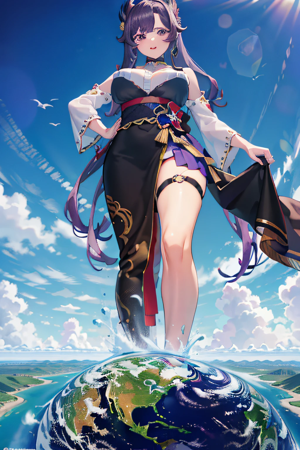 tmasterpiece,Best quality at best,ultra - detailed,4k,ultra-clear,A high resolution,top view,Elevation perspective,城市,a giantess,full bodyesbian,s the perfect face,Glossy glossy skin,Keqing,Purple hair big breasts,keqing,genshin
