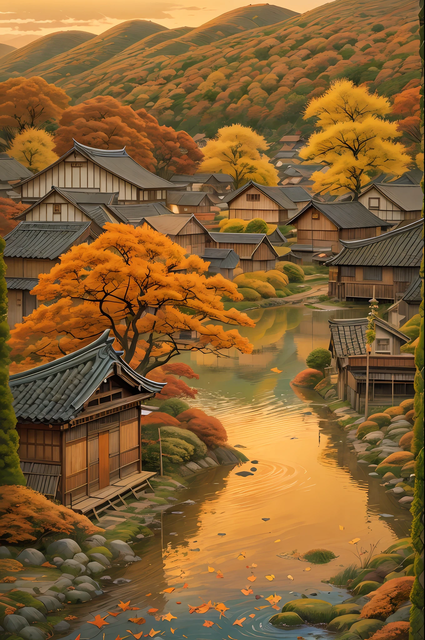 An autumn portrayal by Hasui Kawase in oil, of a serene Japanese rural village. Medium shows textured layers; Environment includes fallen leaves and wooden houses; Lighting is a golden sunset; Colors are warm browns and oranges; Mood is nostalgic; Composition is balanced with a stream; View angle is side perspective. Add, 8k, —chaos 100 —weird 350 —q 2 —s 750 —style raw