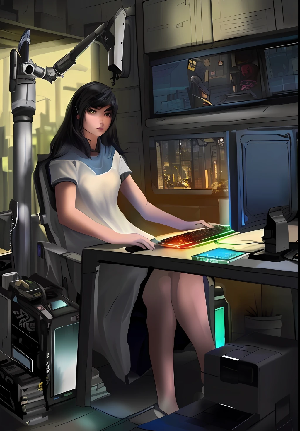 anime girl sitting at a desk with a laptop computer, cyborg merchant girl, cyberpunk jackie welles, Portrait of a cyberpunk machine, in a cyberpunk setting, cyborg merchant woman, Digital cyberpunk anime art, Stylized urban fantasy artwork, sci-fi woman, cyber school girl, cyberpunk judy alvarez, the cyberpunk girl portrait, cyber punk setting, sci-fi computer