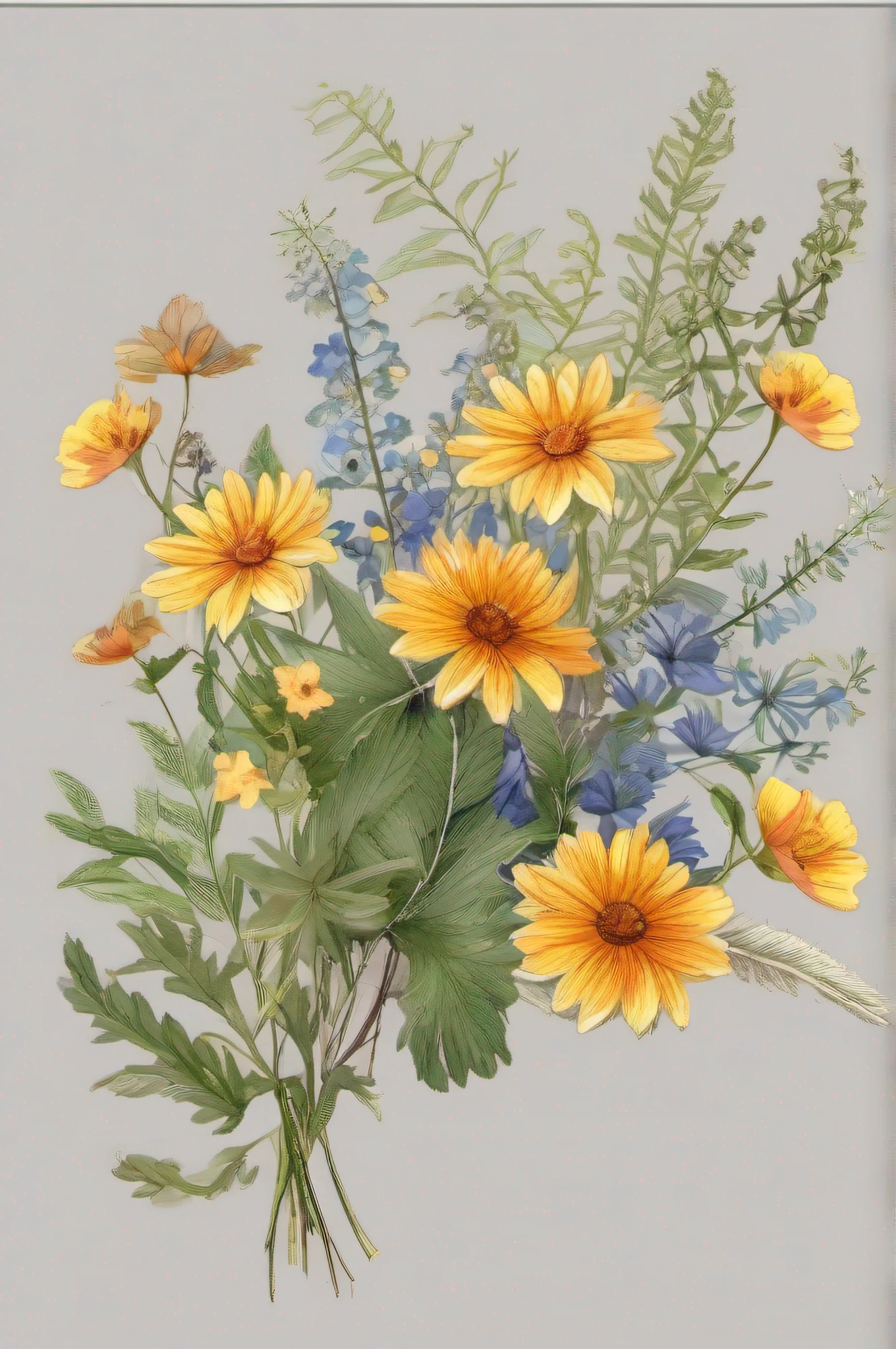 Wildflower Sketch、Vector Flower Herbs。flowers of muted color throughout,,、fronds、Watercolor minimum vector。with floral pattern、Garland of herbs。