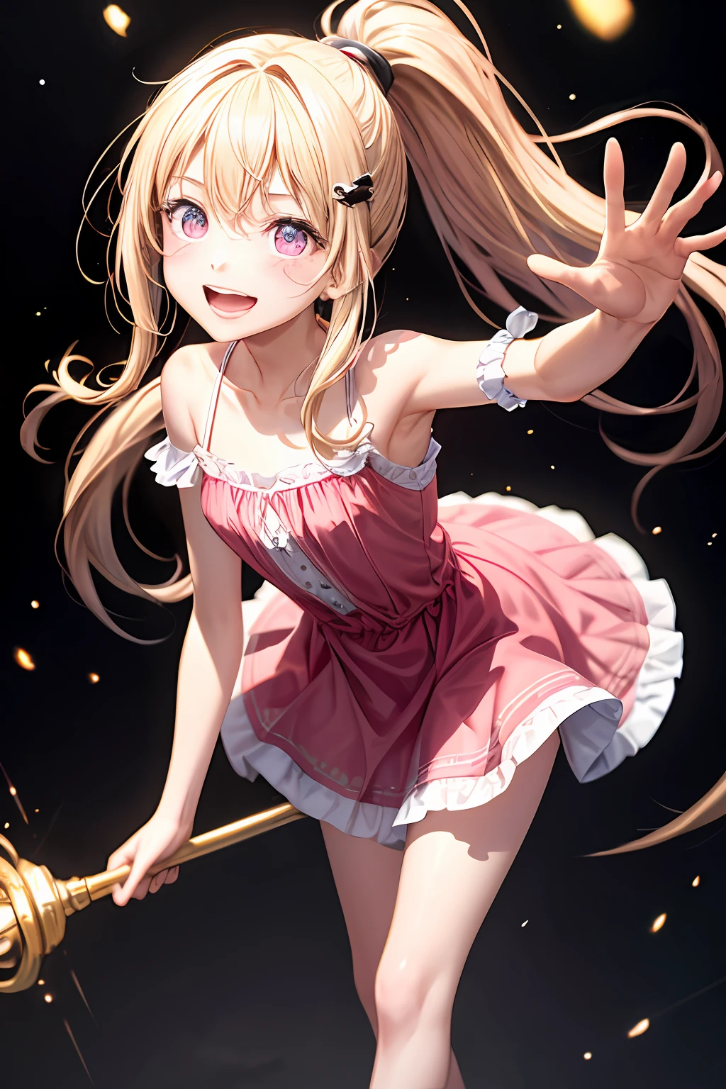 {{{{{troubled eyebrows}}}}}, {{{half-closed eyes}}}, {{{{tsurime}}}, {{{teasingly funny}}}, {{leaning forward}}, {{{{scorn}}}}, {{{laughing}}}, presumptuous, {{hyperrealistic}}, {{{{{photorealistic}}}}}, {{{lifelike}}}, amazing, {{{beautiful detailed eyes}}}, extremely detailed cg unity 8k wallpaper, highly detailed, {{{{{{Complete detailed legs}}}}}}, detailed arms, detailed fingers, {{{shiny skin}}}, {{{smooth radiant skin}}}, {{smooth skin}}, open mouth, small face, {{solid oval eyes}}, big mouth, {{1girl}}, {{solo}}, li, little body, short stature, 12, pink eyes, silly expression, lights eyes, long hair, ponytail, {{{wavy}}} hair, {{{blonde hair}}}, blush, silky hair, bare shoulder, ISO 409600, lens 135mm f1.8, gradation, [[[cg]]], {{{light particles}}}, parted bangs, heart-shaped pupils, small space, looking at viewer, spoken heart, sliky pink dress, heart hair ornament, [[[3d]]], feet out of frame, [[masterpiece]], best quality, paizuri