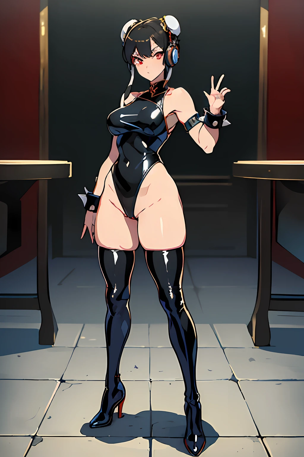 ((masterpiece、best qualified))、1girl in、独奏、ChunLi、fullbody image、Black latex leotard、Muscular legs、eyes glowing red、Evil look、Exposed shoulders、Wearing tights on the legs、Black boots、Chastity belt with heart design、Mechanical background、Tied up to a machine、headphones、Black lightning around the body。