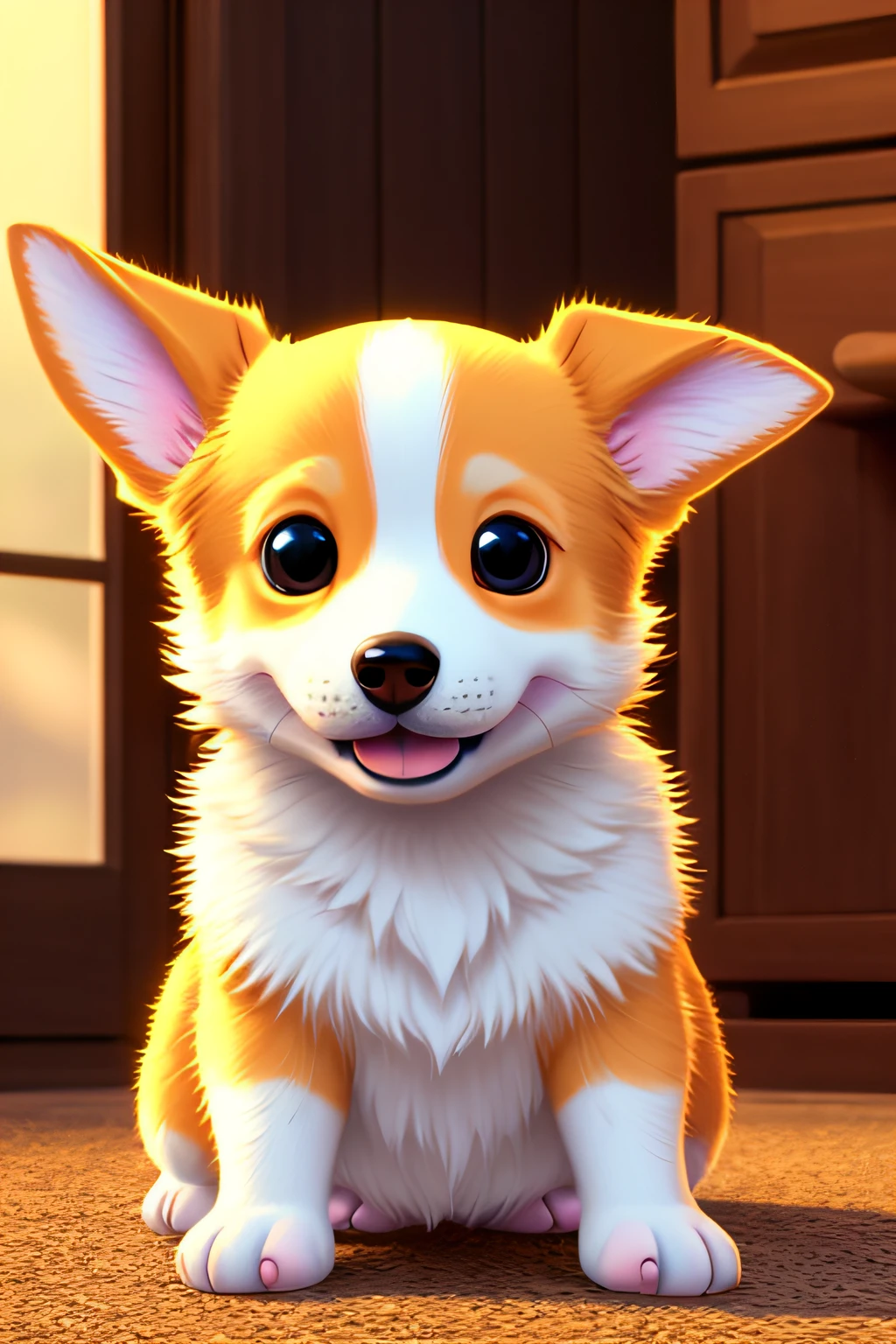 very adorable and cute white albino corgi puppy in Pixar style, estilo Disney, pixar animation, design de personagens, renderman, cozy lighting