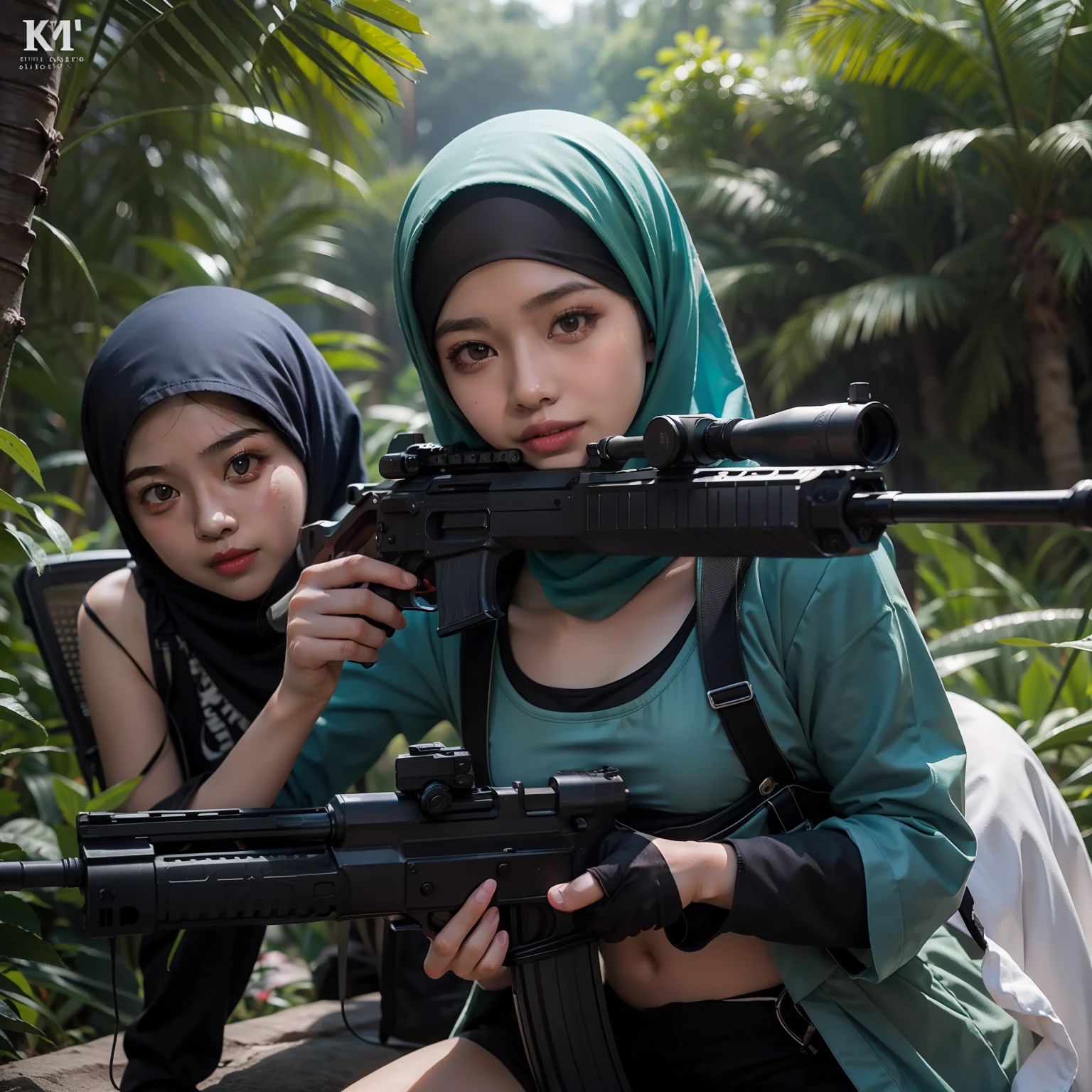 best quality , masterpiece, 4 malay females, malaysian, mira filzah face, (mira filzah), cute malay girls with assault rifles in a battle field wearing hijab, bra and panties, sexy, sexy army underwear, detailed face, holding gun, assault rifle, sexy military, ((aiming gun at viewer)), depth of field, laughing, blue hijab,, fox ears, night in the forest background, jungle, night,