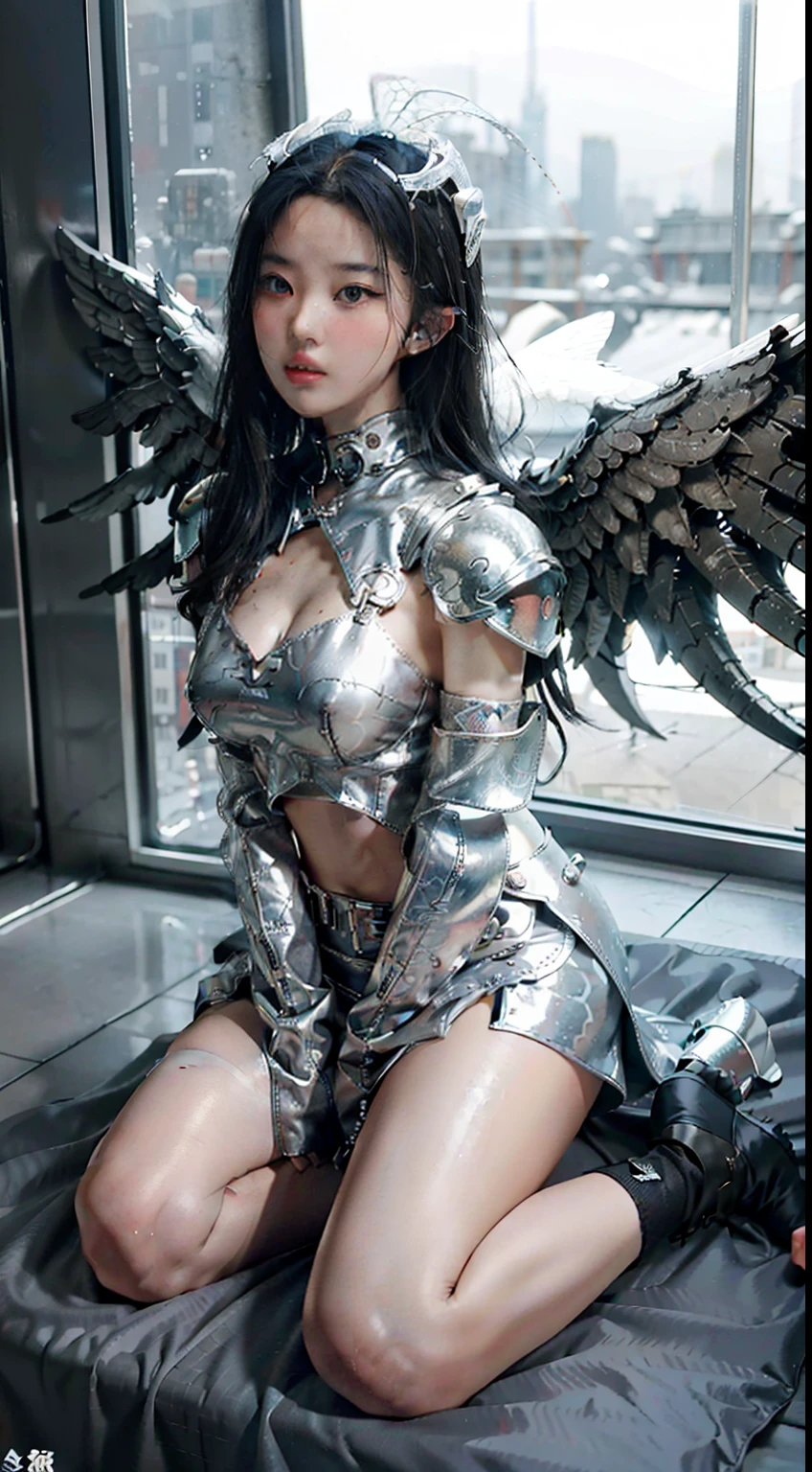 best qualtiy,Refined face,25岁少女,Slim figure,Sexy revealing silver armor,Silver-toned metal miniskirt,Larger bust,Huge white angel wings,cyber punk perssonage,sci-fy,Sexy revealing figure,Half-kneeling position