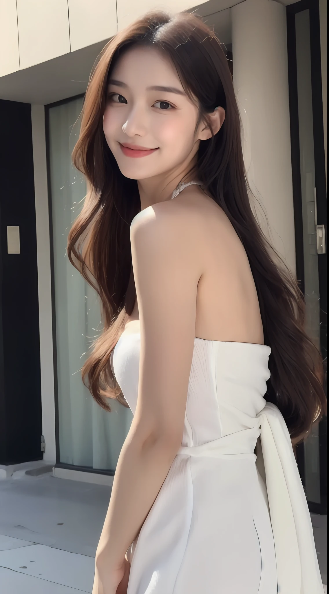 (1 Korean girl with royal sister style), ((best quality, 8k, masterpiece: 1.3)), (front photo), perfect body beauty: 1.4, (hips, extremely beautiful legs: 1.2), (smile), (Street: 1.3), highly detailed face and skin texture, delicate eyes, double eyelids, whitening skin, (shawl hair: 1.3), (round face: 1.5), (strapless dress: 1.4),