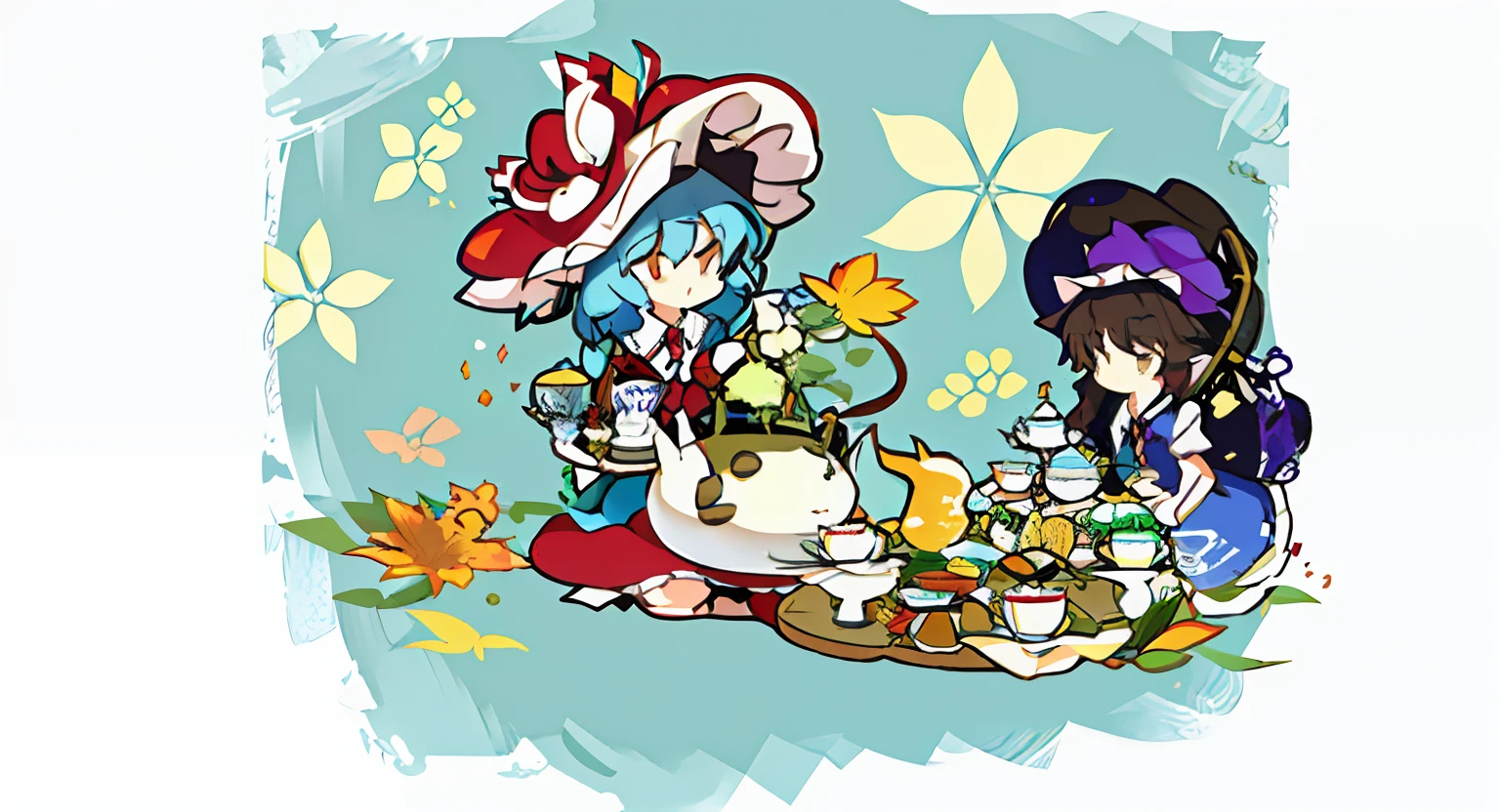 Several people holding a basket of cartoons, from touhou, in style of cytus and deemo, Very heavy vignette!!!, heavy vignette!, touhou project, surreal tea party, touhou character, 🍁 Cute, Touhou, [ conceptual art ]!!, Line art!!, tea party, Alice attends a crazy tea party, the wallpaper!