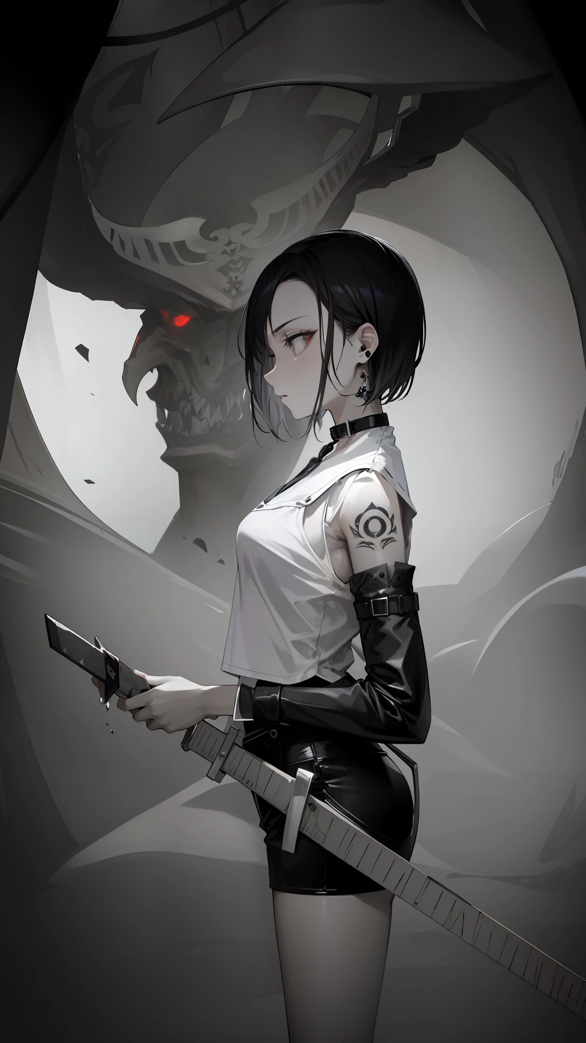 A girl holds a knife，The girl's side，With a collar around the neck，The background is a monster,  mostly greyscale, The demons，with short black hair，whitet-shirt，Black  shorts，with tattoo on the arm，bandagens，Sharp eyes，ear studs，The demons，teeth，Devil's Eye，white backgrounid，circle of the crone，（Serious expressions）