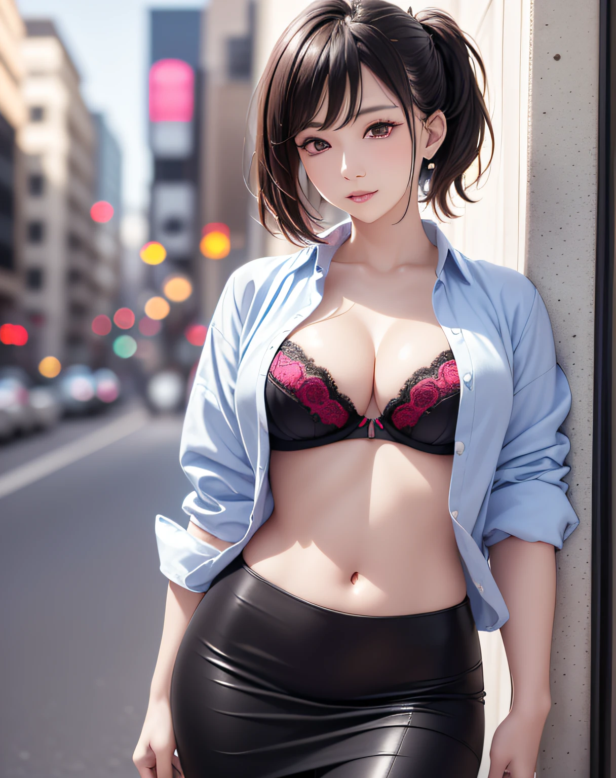 photo realistic, anime style, (8k, RAW photo, best quality, masterpiece:1.2), High detail RAW color photo, professional photograph, cowboy shot, (realistic, photo realistic:1.37),cinematic light, (finery detailed face:1.2), cowboy shot, thigh 1 girl in bath, 28-38 years old, very cute, very beautiful, photo realistic, event companion, BREAK, white oily skin, real human skin, (detailed face), oval face, pores, round eyes:1.0, ultra high res, BREAK, slim, (medium-large-breast:1.37, cleavage:1.37), (looking straight at viewer with a serene and goddess-like happiness:1.2), (lifter gloss, eyelashes, gloss-face, best quality, ultra highres, Broad lighting, natural shading), (beautiful thin short hair, wavy pony-tail hair style:1.5, shiny-black hair:1.5), BREAK, (esthetician uniform:1.3, blue satin shirt;1.3, open shirt:1.3, magenta-lace-bra:1.3, red knee-length satin-pencil-skirt:1.3), BREAK, ((detailed midnight street view:1.3, midtown street:1.3, night street:1.5)), ((light smile, open mouth:1.5, humid, in heat, blush, seductive emotion, aroused)), ((from below:1.3, standing at wall, leaning forward)), blurry background, bokeh, depth of field, cowboy shot:1.3, centered image,