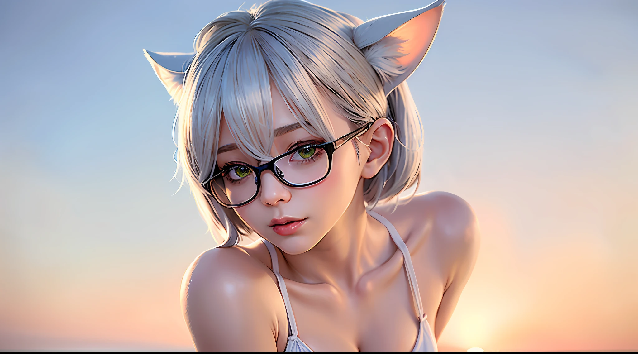 anime character with cat ears and glasses standing in front of a blue sky, anime catgirl, cute anime catgirl, catgirl, white cat girl, anime moe artstyle, cute elegant pose, full body portrait of a short!, full body:: sunny weather::, !!full body portrait!!, nekomimi, nyaruko-san, anime character with cat ears and glasses standing in front of a blue sky, anime catgirl, cute anime catgirl, catgirl, white cat girl, anime moe artstyle, cute elegant pose, full body portrait of a short!, full body:: sunny weather::, !!full body portrait!!, nekomimi, holding a pudica pose, 1girl, solo,(best quality),(masterpiece:1.1), full body, looking_at_viewer, dynamic angle, uniform, cute, clear facial skin, car ears, white long shirt, black skirt, silver hair, nice breast, clear facial skin, Best Quality, 8k, 32k, Masterpiece, UHD:1.3), (Photo of Attractive Japanese Woman), (average Boobs:1.2), (short silver hair), Perfect Body, Ultra Detailed Face, Detailed Lips, Fine, (seductive), green eyes, (suggestive:1.3),(corruption), (japanese clothes), medium breasts, attractive cleavage, opened_eyes, lips, short_hair, opened_mouth, happy, smile, photo_\(medium\), realistic, white underwear, (masterpiece), (photorealistic:1.3), ultra-detailed, (high detailed skin:1.2), seductive anime girl, fine details, digital anime illustration, smooth anime cg art, (green eyes), (blush:1.1), full body, (speed lines:1.1), ((heavy breathing:1.3)), (silver hair), (silver eye), smooth skin, outdoor, summer, blue sky, teacher, sensei, dark red glasses, stocking, Photo of Pretty Japanese woman beautiful, beautiful enchanting fashion contemporary painting, (white long sleeves), ((black pencil skirt)), low angle photo of a gorgeous woman, realistic skin texture, looks up, round chin, f 1. 2, sharp focus, 8 k high definition, insanely detailed, intricate, elegant, dynamic pose, medium breasts, light skin complexion, natural light, (blue sky), (white clouds)