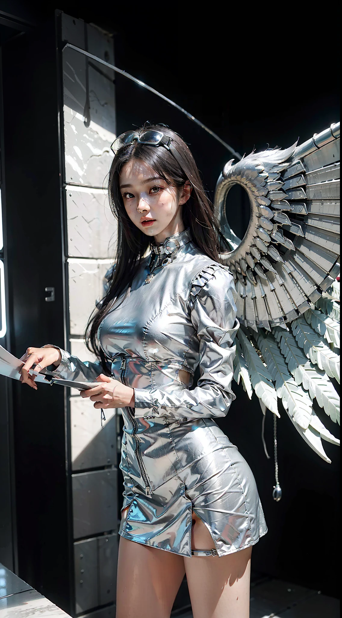 best qualtiy，Refined face，25岁少女，Slim figure，Sexy revealing silver suit，Miniskirt made of silver metal，Larger bust，Huge white angel wings，cyber punk perssonage，sci-fy，Sexy revealing figure