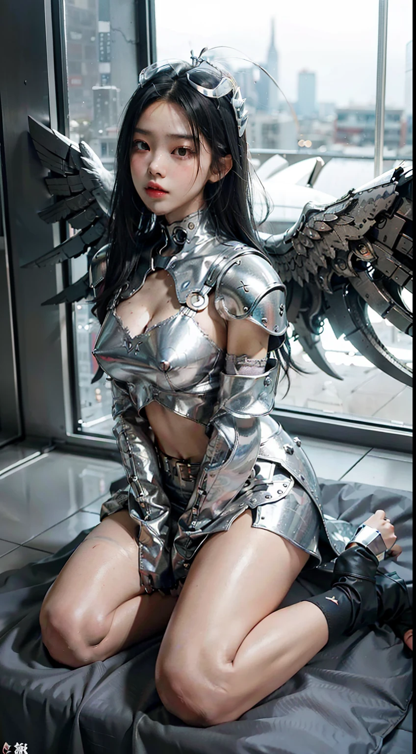 best qualtiy,Refined face,25岁少女,Slim figure,Sexy revealing silver armor,Silver-toned metal miniskirt,Larger bust,Huge white angel wings,cyber punk perssonage,sci-fy,Sexy revealing figure,Half-kneeling position