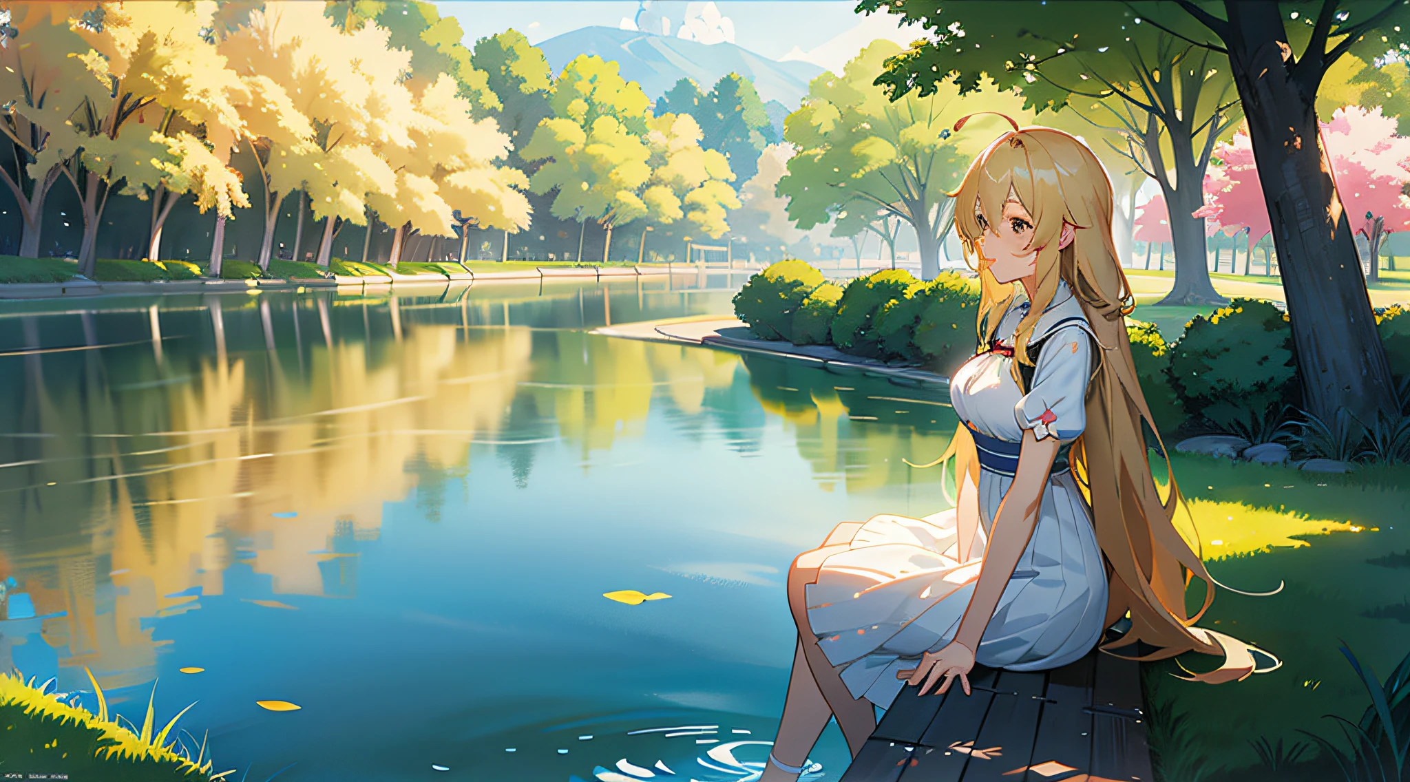 Anime girl sitting on bench in riverside park, sitting at a pond, Anime Nature, a beautiful anime portrait, Beautiful anime girl, Smooth anime CG art, anime beautiful peace scene, anime nature wallpap, beautiful anime scenes, beautiful anime scenery, Blonde anime girl with long hair, anime big breast. Soft lighting, drawn in anime painter studio, Cute anime girl