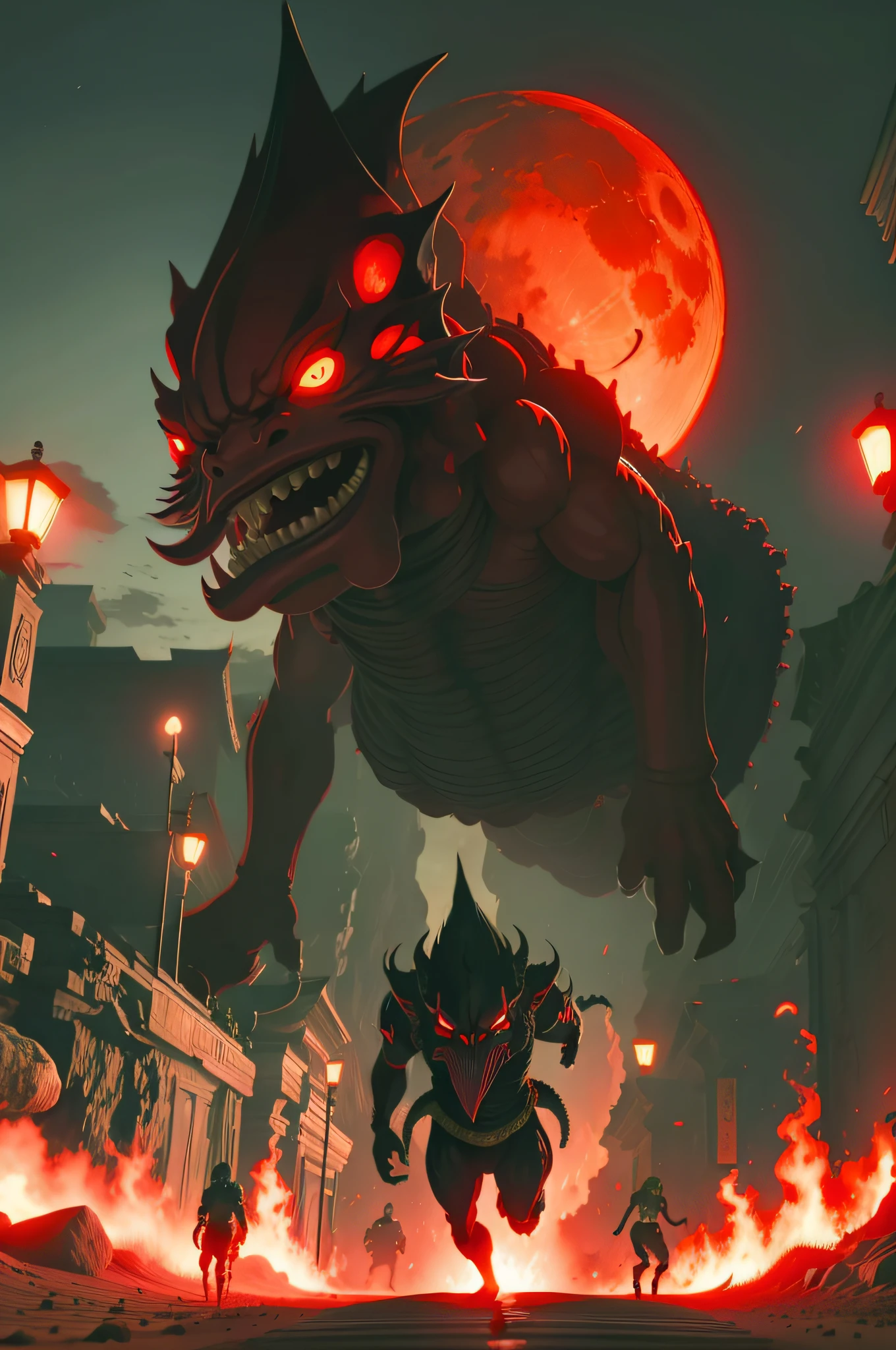chase,ogre,Humans run away,The picture is dynamic,repression,Cthulhu style,terroral,Red Moon。