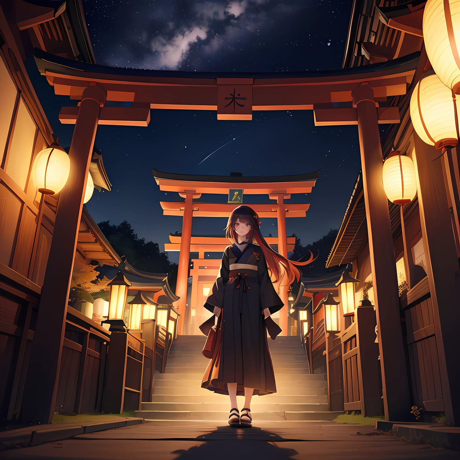watercolor paiting(Beautifully Aesthetic:1.2)、(1girl in:1.3)、(Higanbana Hair、colourful hair、Half black and half red hair:1.2)、Eau、liquids、natta、colourfull、starrysky、stele、nigh sky、a dark night、Japanese dress、Otorii Mae、Landscape painting、glowing lanterns、Fantastical、lycoris flower、shrines、Soap bubbles floating in space、