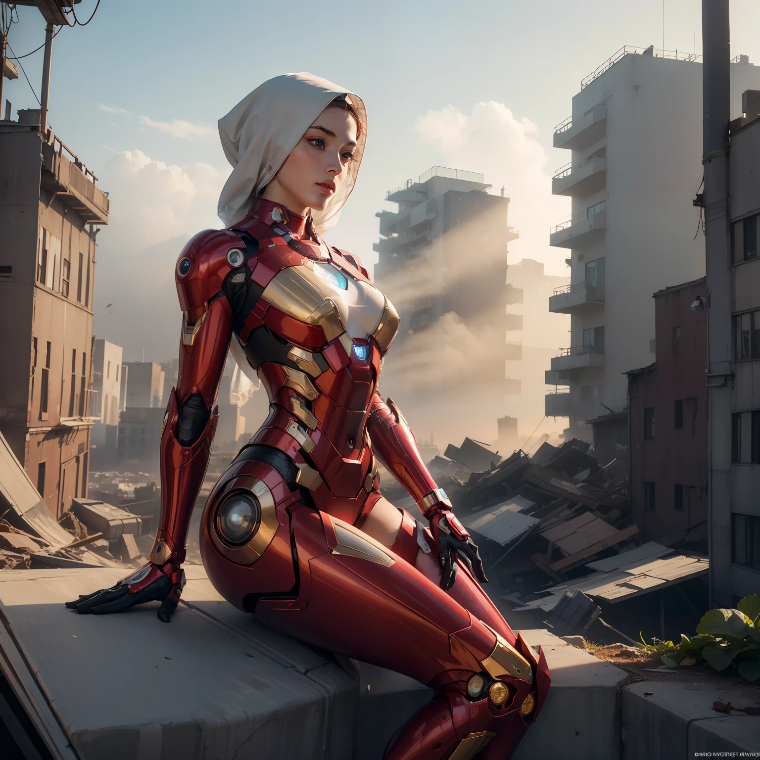 RAW, Masterpiece, Ultra Fine Photo,, Best Quality, Ultra High Resolution, Photorealistic, Sunlight, Full Body Portrait, Stunningly Beautiful,, Dynamic Poses, Delicate Face, Vibrant Eyes, (Side View) , she is wearing a futuristic Iron Man mech with hijab, red and gold color scheme, highly detailed abandoned warehouse background, detailed face, detailed and complex busy background, messy, gorgeous, milky white, high detailed skin, realistic skin details, visible pores , sharp focus, volumetric fog, 8k uhd, dslr camera, high quality, film grain, fair skin, photorealism, lomography, sprawling metropolis in futuristic dystopia, view from below, translucent