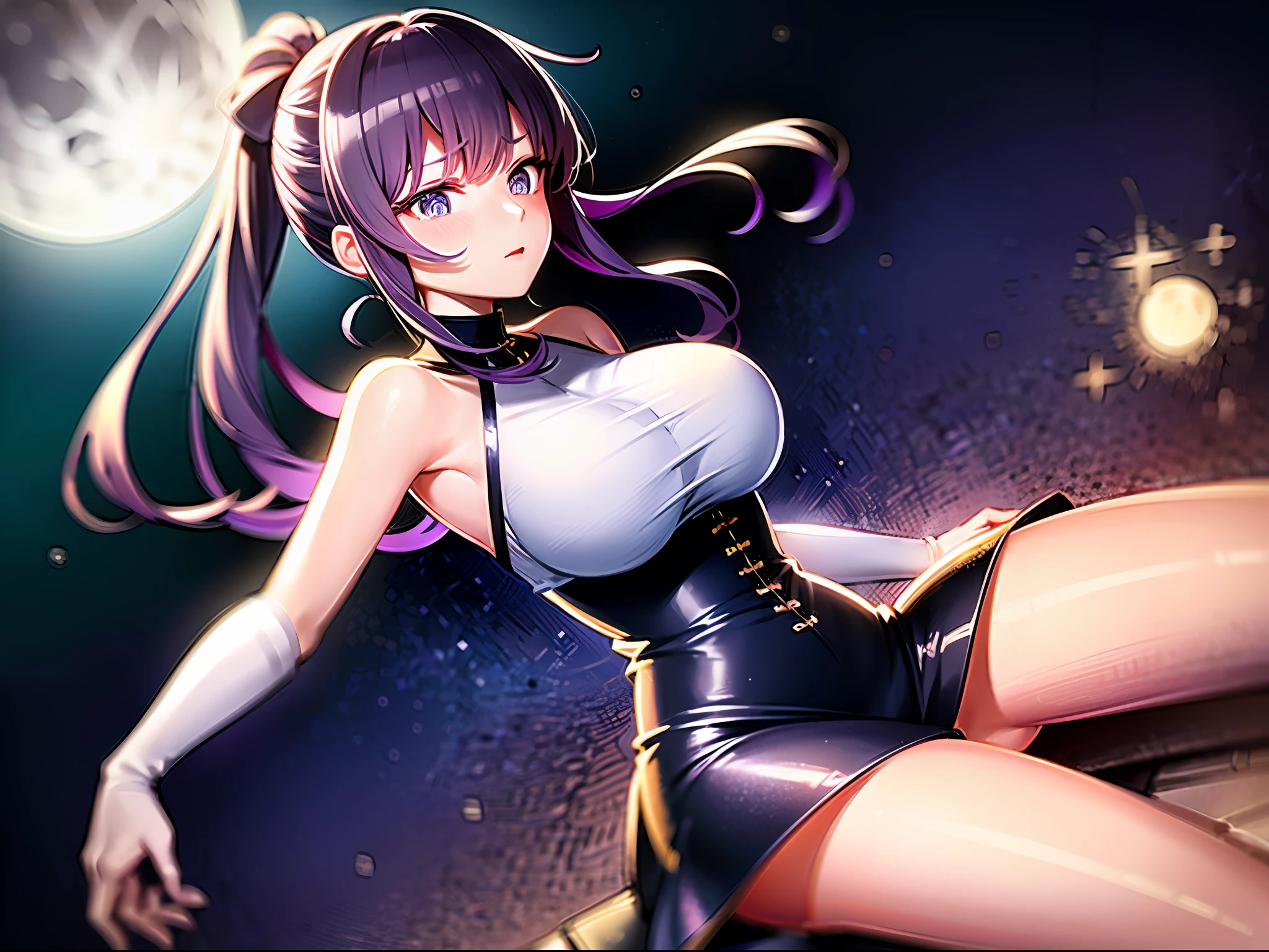 masutepiece, (Best Quality: 1.2), (Super fine: 1.2), Illustration, (Extremely delicate and beautiful: 1.2), Film Angle, floating, (Beautiful Detail Eye: 1.1), (Detail light: 1.1), Film Light, Delicate sky, Woman, Purple hair, Blue eyes, (High Ponytail: 1.1), cloaks, Glowing eyes, (Moon: 1.2), (Moonlight: 1.1), Starry sky (1.1), Milky way (light Particle: 1.1), Fog, Snow painting, sketching, Blooming,  
doress, Inch Shirt, big breasts thin waist, thighs thighs thighs thighs, laught, Colorful starry sky, milkyway