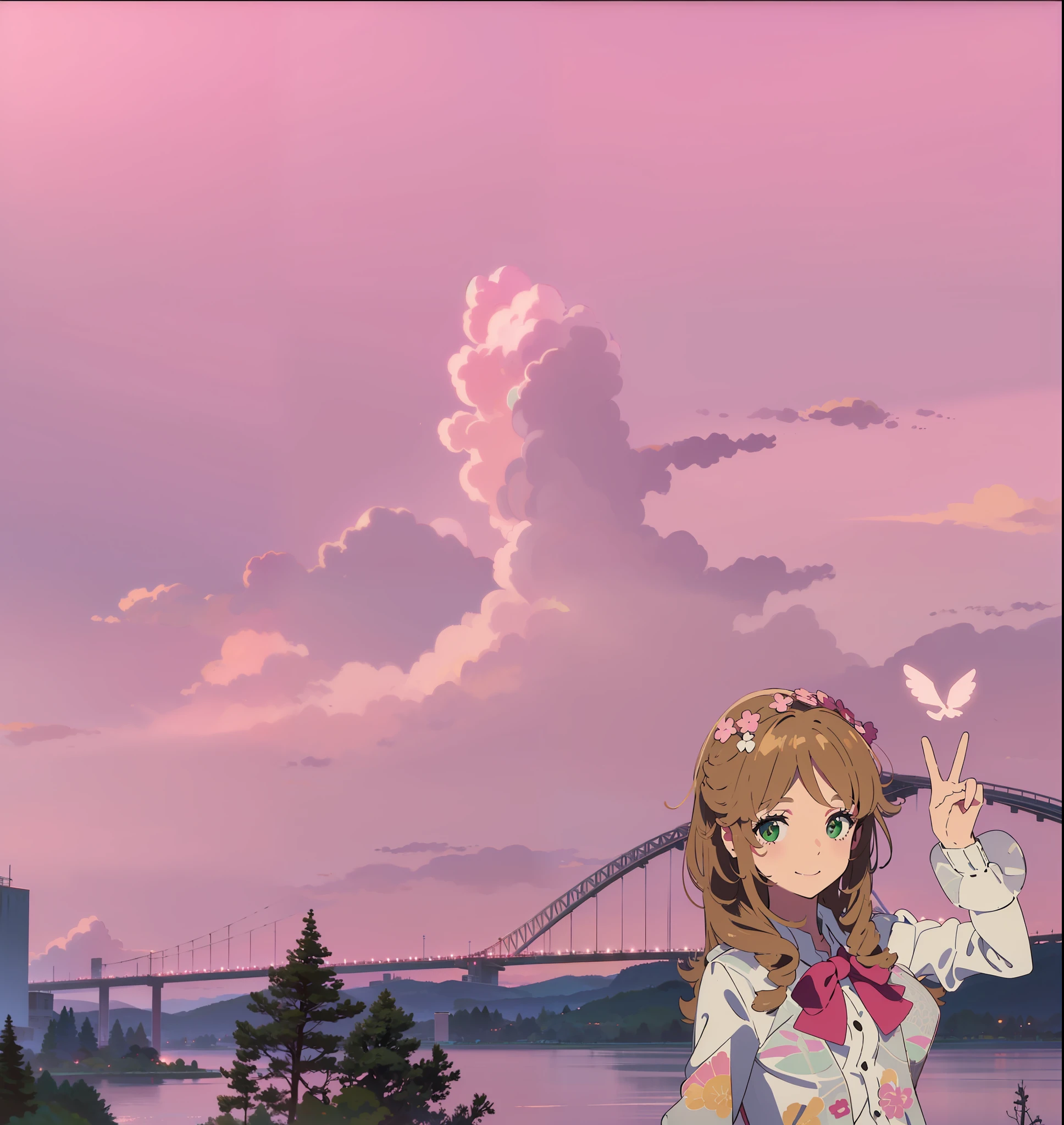 Under the pink sunset, Clouds are like sheep,There is a girl with long curly hair,Enjoy the day with a smile,There is a lake, Bridges, green trees