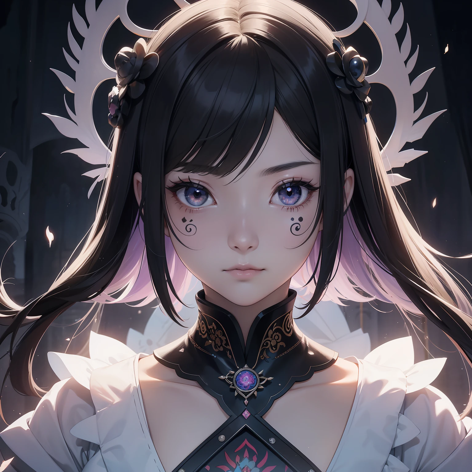 In a different world where mandala murals spread、Beautiful woman in Japanese clothes appeared。She is dressed in pure white.、Beautiful contrast between clear white skin and black hair、It was like a swan。 however、As if to overshadow its beauty、There was a skull element on part of her face。On her right cheek、It is carved with a pattern like the eyes and nose of the skull.、It's an eerie atmosphere。 She showed her profile、His eyes seemed to look far away.。In its expression、Melancholy and sadness ooze.、I was made to feel her strong-willed inner self。 In the background、There are geometric patterns like mandala paintings and Buddhist symbols.、A mysterious space spreads out。 This art is、Beauty and creepiness、And it expresses a mysterious worldview that fuses mystique.........。Opening the door to another world that cannot be touched、You will be able to feel the mystery of the world。Strong elements of aging science fiction。Colorful and horror。profile。Detailed and meticulously drawn。3D Art。android。Like the hero of an adventure。disaster々Or。Be pure。More three-dimensional。Elements of total。Triumphant。The tattoo。