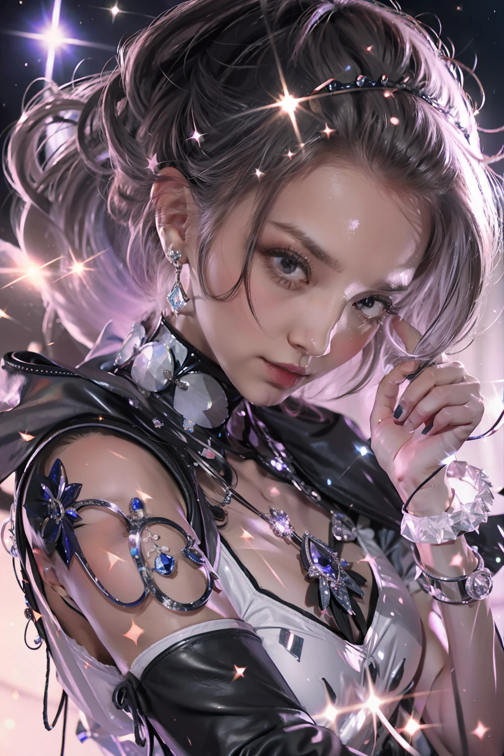 A queen, (Royal sister face:1.2), delicated, Holding a leather whip, Dress up, noble, Crystal Palace, Galactic Starlight, 𝓡𝓸𝓶𝓪𝓷𝓽𝓲𝓬