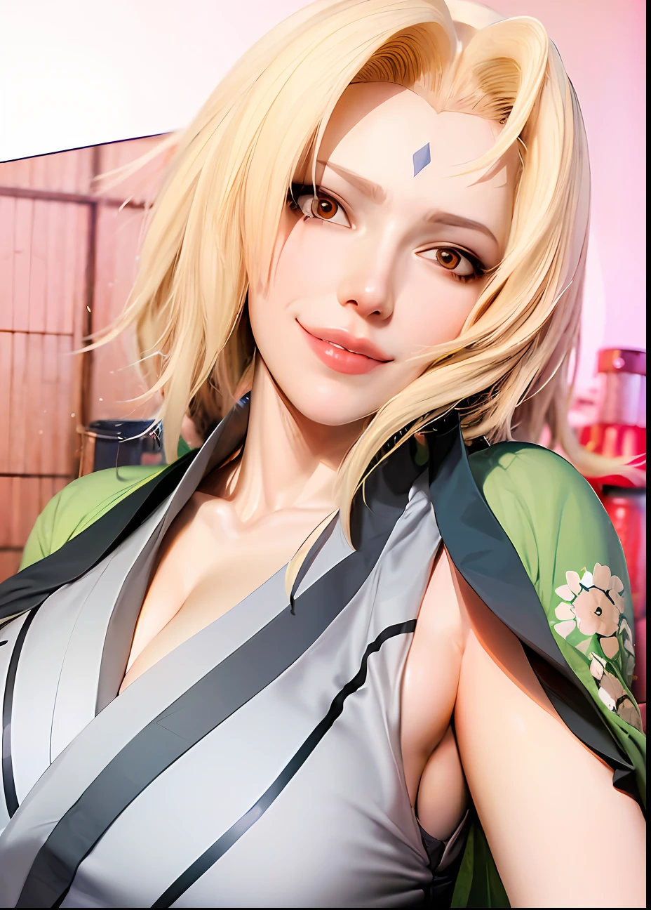 (bestquality,masterpiece), TsunadeNS, solo, japanese_clothes, breasts, large_breasts, kimono, cleavage, smile, lips, bare_shoulders, indoors, alcohol, bottle, sake_bottle, cup, holding, off_shoulder, indoor background