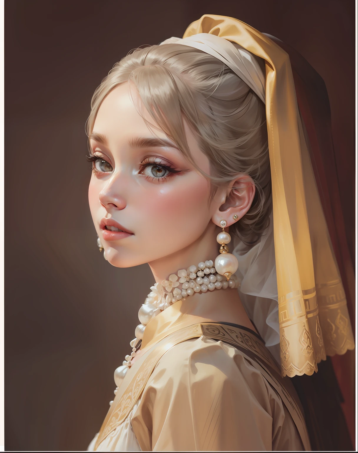 With pearl earrings
