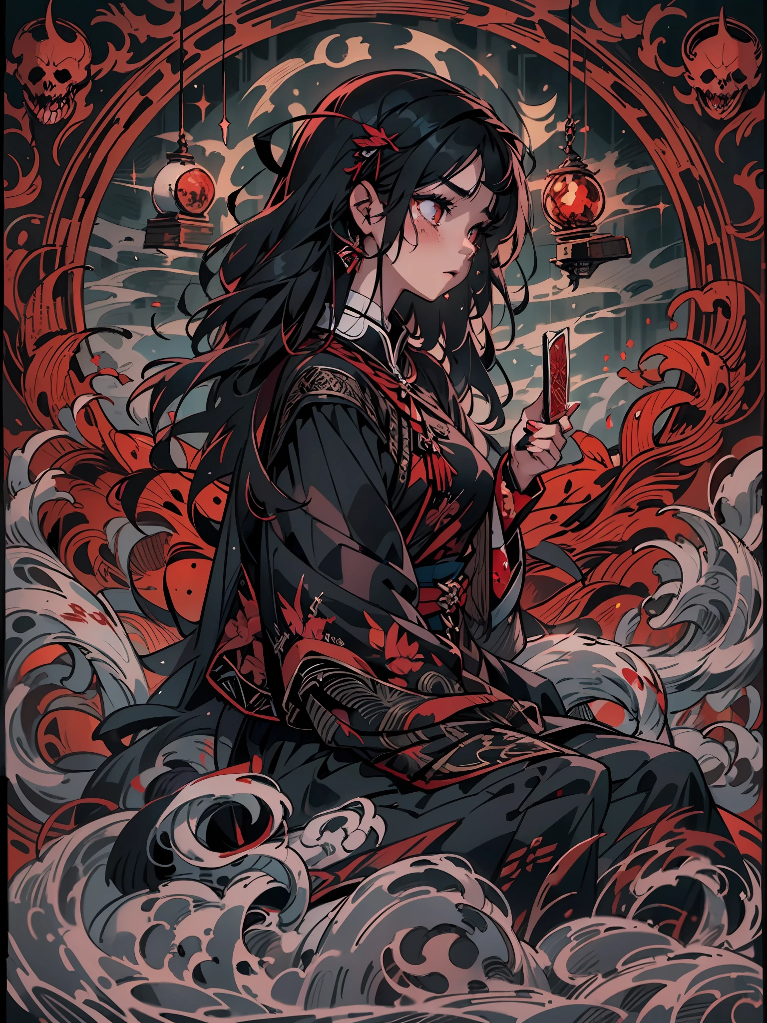 When the moon turns red and black tears flow, the gates of hell are opened and the roar of Cerberus is heard. The eyes of a beautiful black-haired woman shimmer eerily with vermilion, staring at the sins of the condemned. Her black dress is embroidered with red embroidery of delicate and intricate design. Detailed drawings. Vivid colors. High image quality.