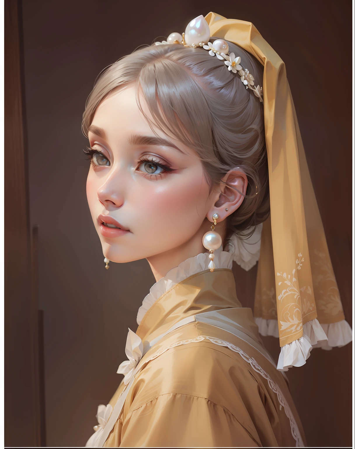 With pearl earrings