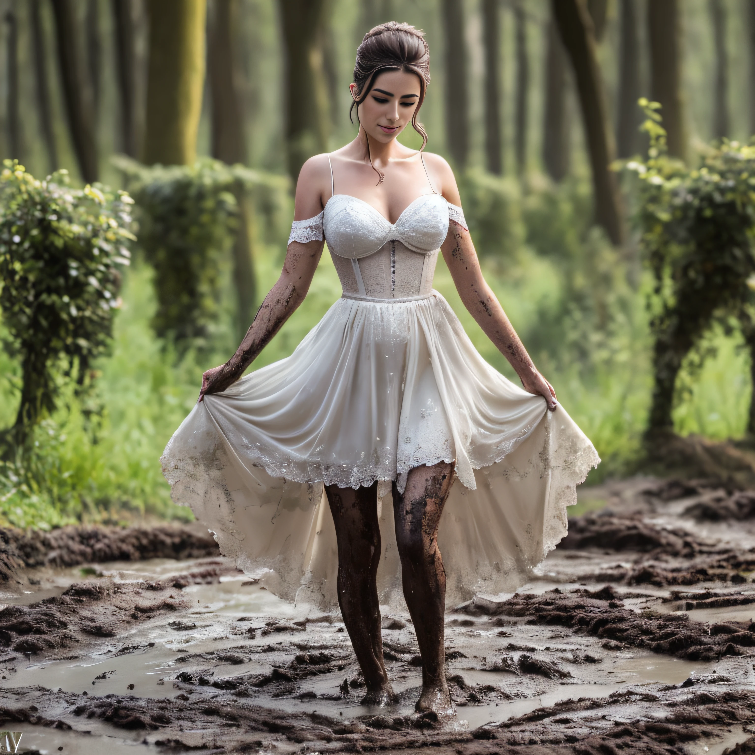 Hyperrealistische Fotografie, zwei Frauen in white wedding dresses soiled with mud, Hands Supported in the hips, offener Mund, knallroter Lippenstift, high heels smeared with mud, chocker mit Schlamm verschmiert, Décolleté smeared with mud, Schlammspritzer im Gesicht, das Gesicht ist mit Schlamm verschmiert, 30-year-old women smeared with mud, Lena Meyer Landrut, unterbrust corset mit Schlammspritzer, Fishnet tights white smeared with mud, schwarze lockige Haare mit Schlamm verschmiert, das Korsett ist mit Schlamm verschmiert, High quality, realistische Beleuchtung, Bildmitte, 8K, HDR, BDSM, medium breast size, lange Beine, professionelle Fotografie einer Frau, natural skin texture smeared with a lot of mud, 4K-Texturen, Adobe Lightroom, Fotolabor, HDR, kompliziert, elegant, sehr detailliert, scharfer Fokus, wahnsinnige Details, komplizierte Details, hyperdetailliert, Helles Kinolicht, Außenatmosphäre, Kinn hochgezogen, (exponierter Bauch: 1,8 )