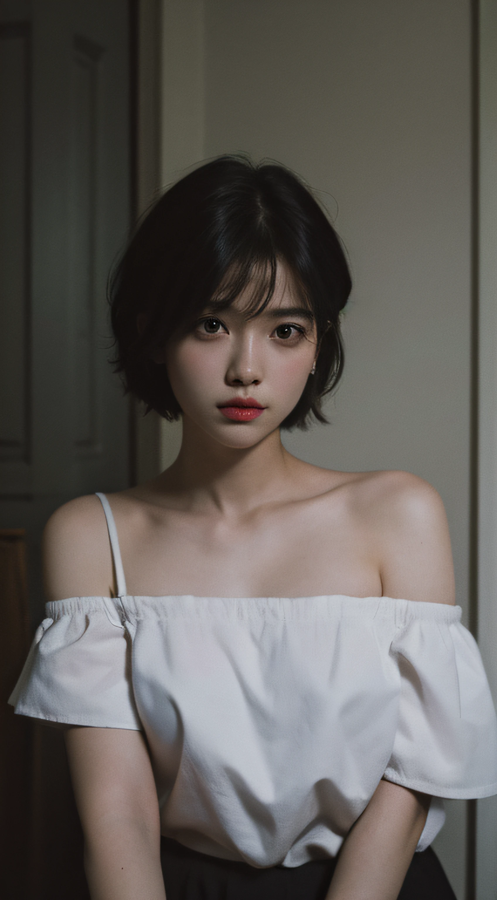 Best quality, masterpiece, ultra high res, (photorealistic:1.5), raw photo, 1girl, offshoulder, in the dark, deep shadow, low key, cold light, sexy look, short hair