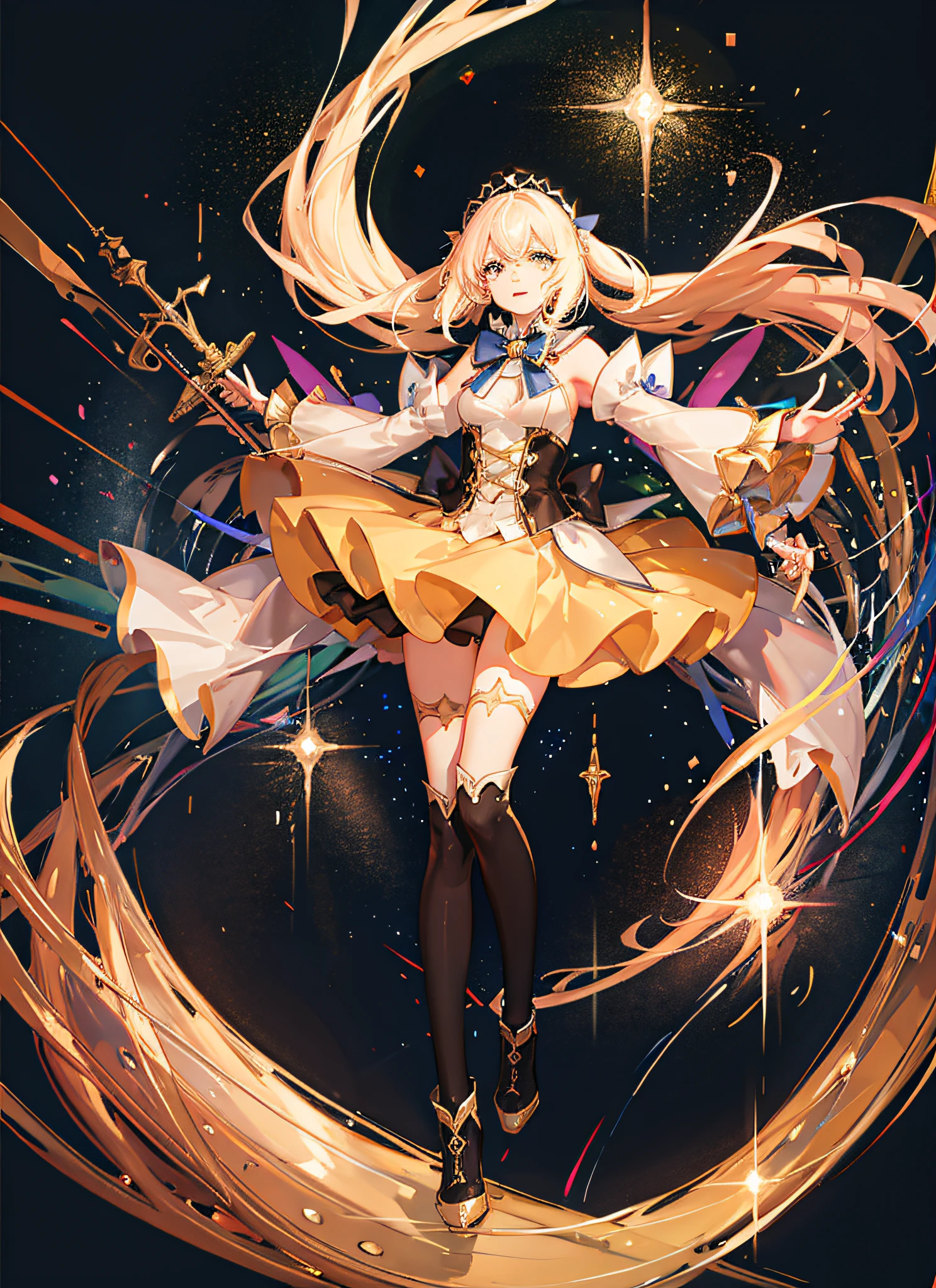 ((Magical Girl)), ((Gorgeous Starry Sky Background)), ((Super Definition)), ((Best Illustration)), ((Cinematic Lighting)), Dynamic Angle, Floating, Detail, (Glitter: 1.2), (Shine: 1.2), (Shine: 1.2), Classic, (Paint: 1.1), (Sketch: 1.1), (Best Quality), (Masterpiece: 1.2), (Anime Style), (Solo), Beautiful Detail Face, (Cute Face: 1.3), (Big Eyes: 1.3), Colorful Hair, (Long Hair: 1.2), (Floating Hair: 1.2), (Magical Girl Costume), Detailed Costumes, (Glowing Wand: 1.3), (Magic Effects: 1.3), (Flowing Skirt: 1.2), (Cute Boots: 1.1), (Transparent Fabric: 1.1), (Glitter: 1.2), (Glow: 1.2), (Shine: 1.2), ( Flicker:1.2) , (Dazzle:1.2)