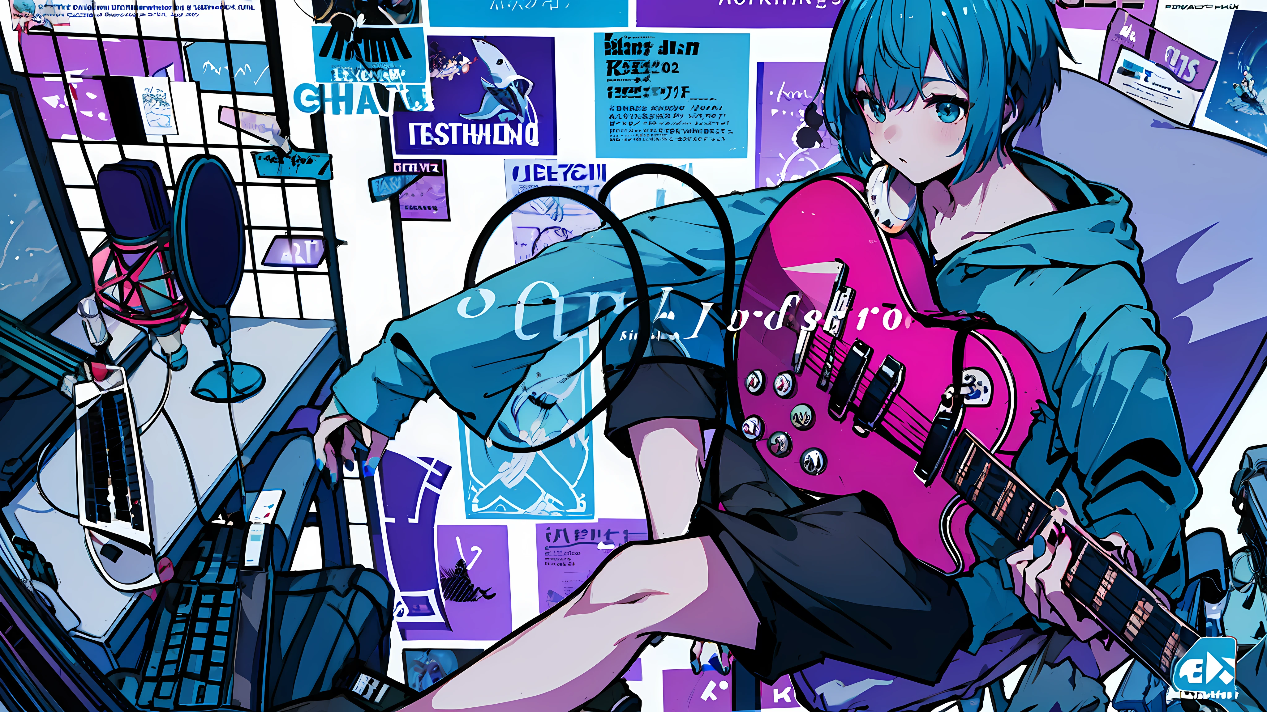 masterpiece, best quality, full body, ((1boy)), (Wearing a blue shark tail hoodie), (Boy Messy Japanese Round Haircut for Thick Hair), (blue nails), (blue hair), black shorts, ((solo)), (magazine:1.3), (cover-style:1.3), fashionable, holding, sitting, chair, instrument, microphone, guitar, cable, computer, monitor, holding instrument, electric guitar, poster (object), keyboard (computer), mouse (computer), amplifier,