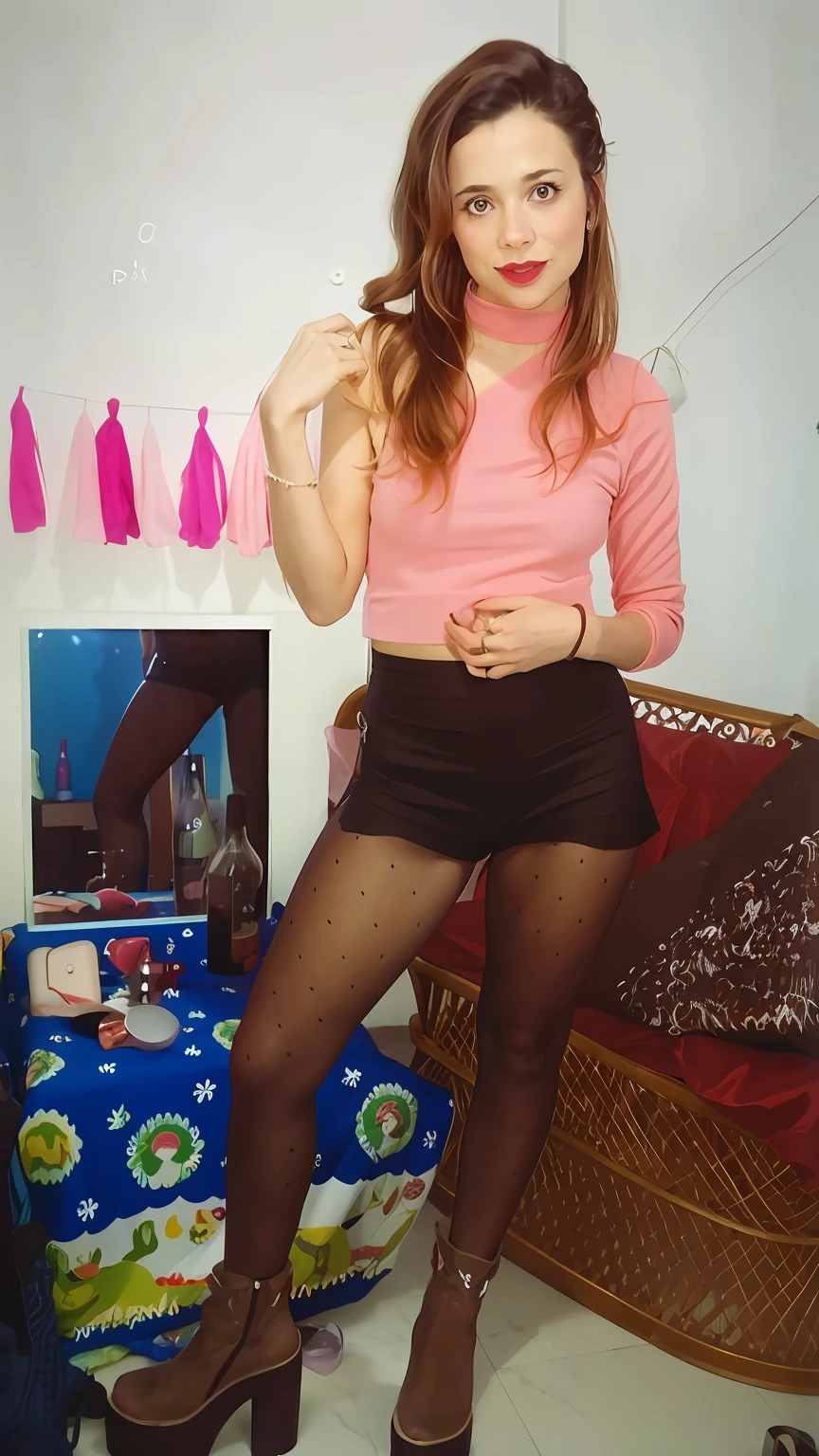 there is a woman that is posing for a picture in a room, foto del atuendo, rosa y negro, Imagen de cuerpo entero, muslos y falda, Traje sexy, Chica rosa, medias de pantimedias, un poco de rosa, Llevar un atuendo punk, Llevar un sexy top recortado, Y estilo 2K, Estilo Y2K, Outfit muy sexy, look sexy