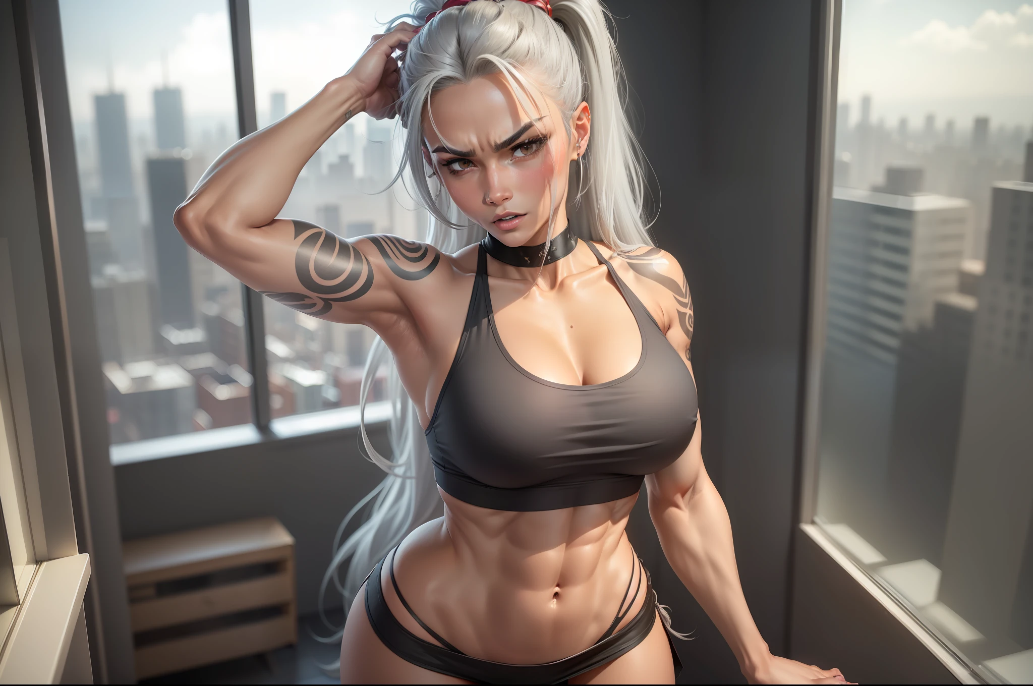 (Gray hair with a long hairstyle, high ponytail: 1.4), ((sharp jawline)), ((Very muscular body with abdominals, skin color: suntanned, oiled,: 1.3) An evil expression on his face, short tight tank top and short skirt with perky tits, in bedroom, bare footed, Standing with legs apart near a large glass window overlooking the city in a candid pose, hands behind head, armpits, sexy pubic tattoo