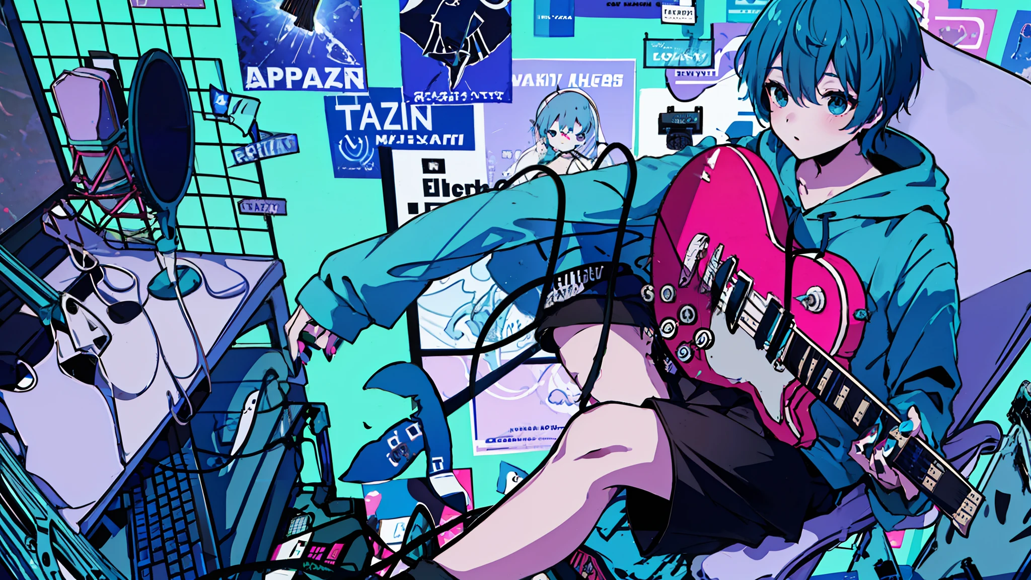 masterpiece, best quality, full body, ((1boy)), (Boy Wearing a blue shark tail hoodie), (Boy Messy Japanese Round Haircut for Thick Hair), (blue nails), (blue hair), black shorts, ((solo)), (magazine:1.3), (cover-style:1.3), fashionable, holding, sitting, chair, instrument, microphone, guitar, cable, computer, monitor, holding instrument, electric guitar, poster (object), keyboard (computer), mouse (computer), amplifier,