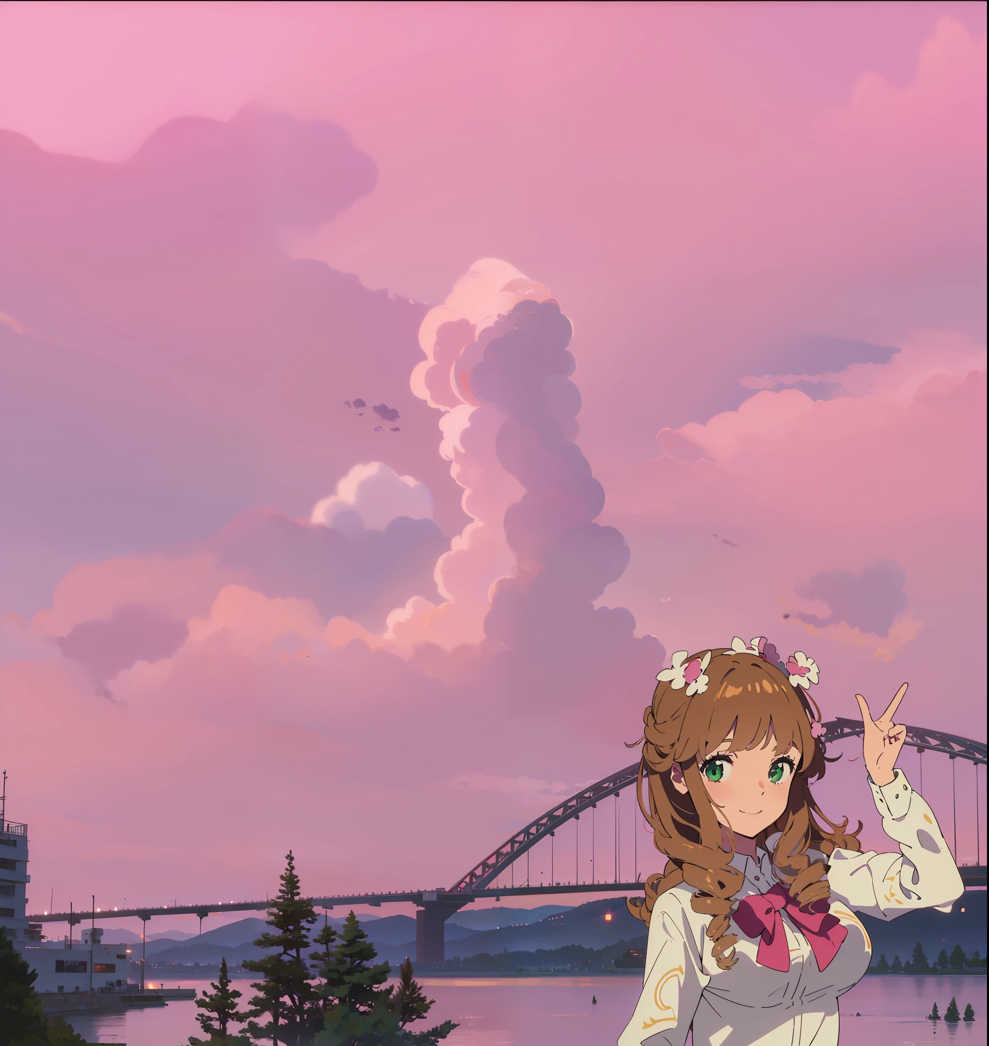 Under the pink sunset, Clouds are like sheep,There is a girl with long curly hair,Enjoy the day with a smile,There is a lake, Bridges, green trees