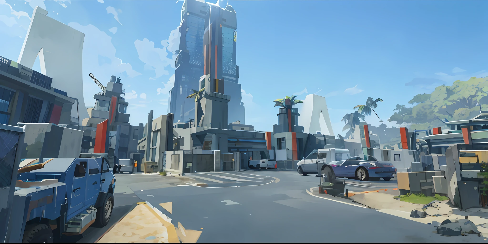 Ultra high quality,and the sun was shining brightly,sea island,Sunset in the distance,with blue sky and white clouds,bright weather,military base,Intergalactic citizen style,Huge building in the distance,Architecture in the rainforest