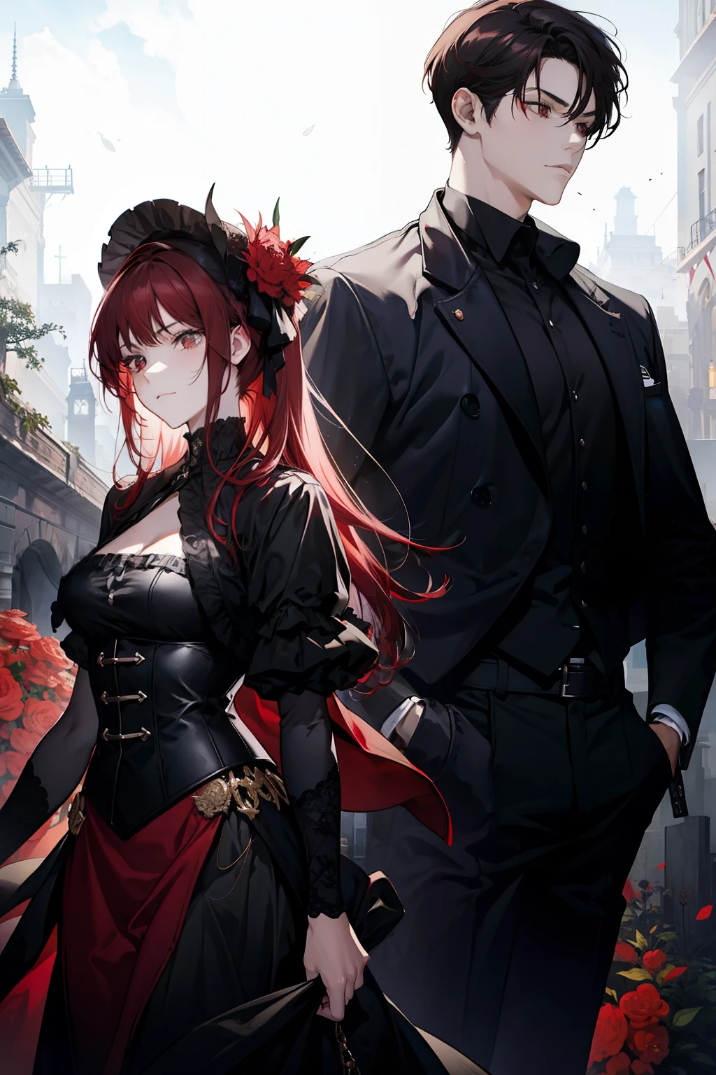 Couple, 1 girl 1 boy, dark red hair girl, black hair boy, bodyguard and milady