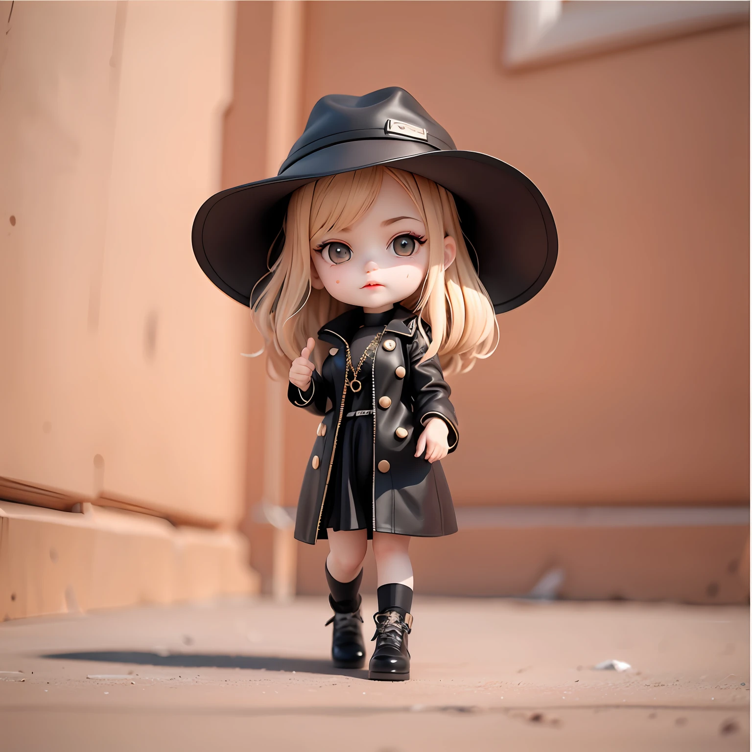 Young girls,Fashionab,Black hat,a black trench coat