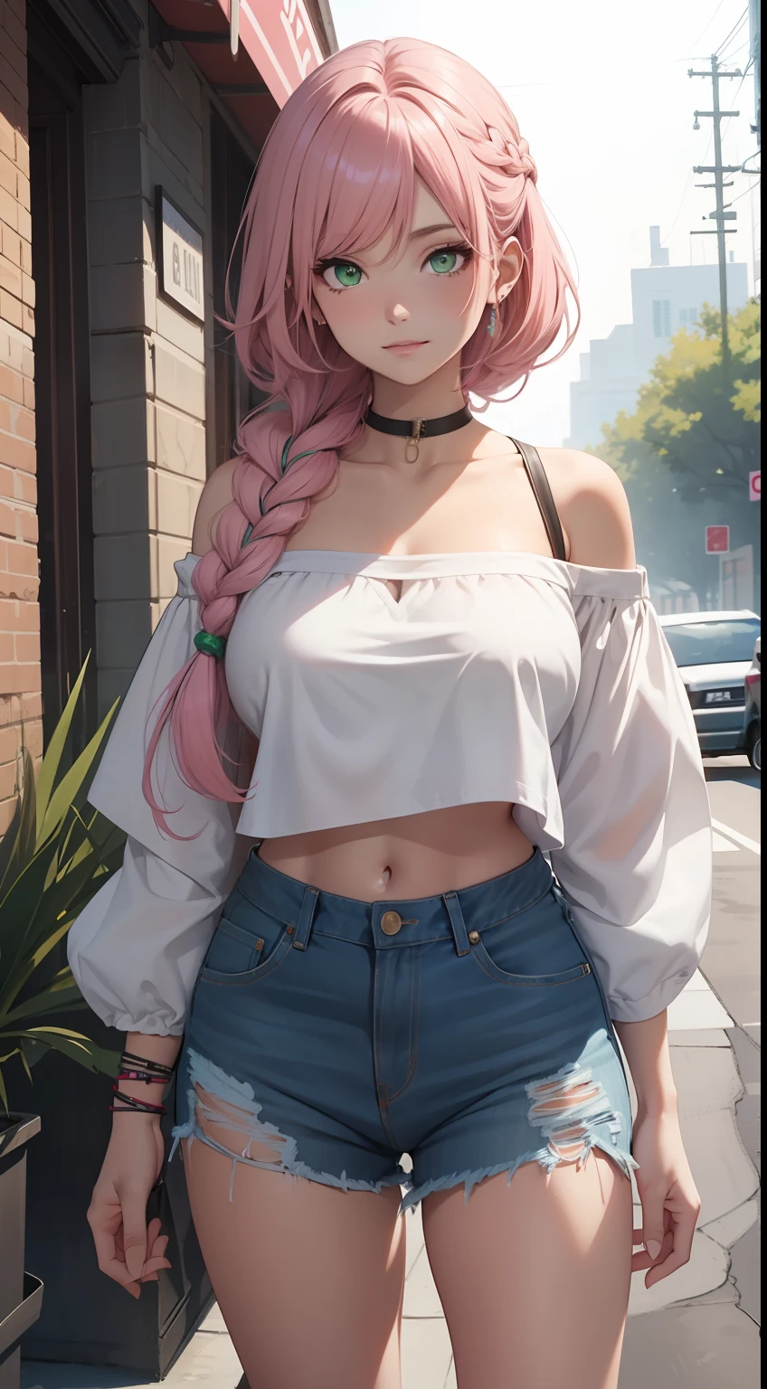 （（Best quality，8K，tmasterpiece：1.4））， Pink hair，Long braid on one side， exteriors，（ Pure white off-the-shoulder top，Bare lower half of the chest），huge tit， shiny skins，tight ripped denim shorts， Green eyes