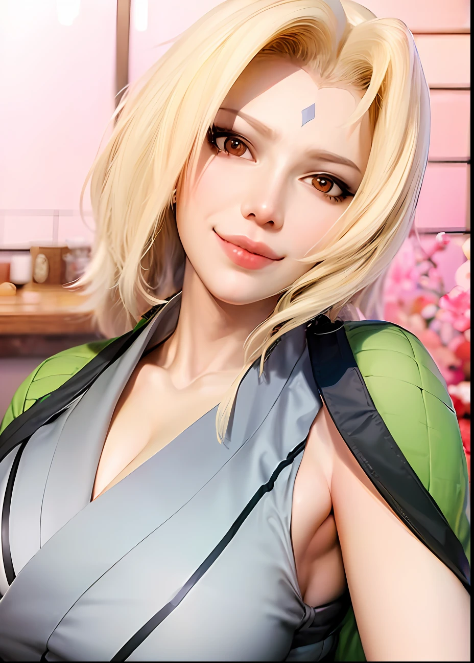 (bestquality,masterpiece), TsunadeNS, solo, japanese_clothes, breasts, large_breasts, kimono, cleavage, smile, lips, bare_shoulders, indoors, alcohol, bottle, sake_bottle, cup, holding, off_shoulder, indoor background, realistic, ultra detail