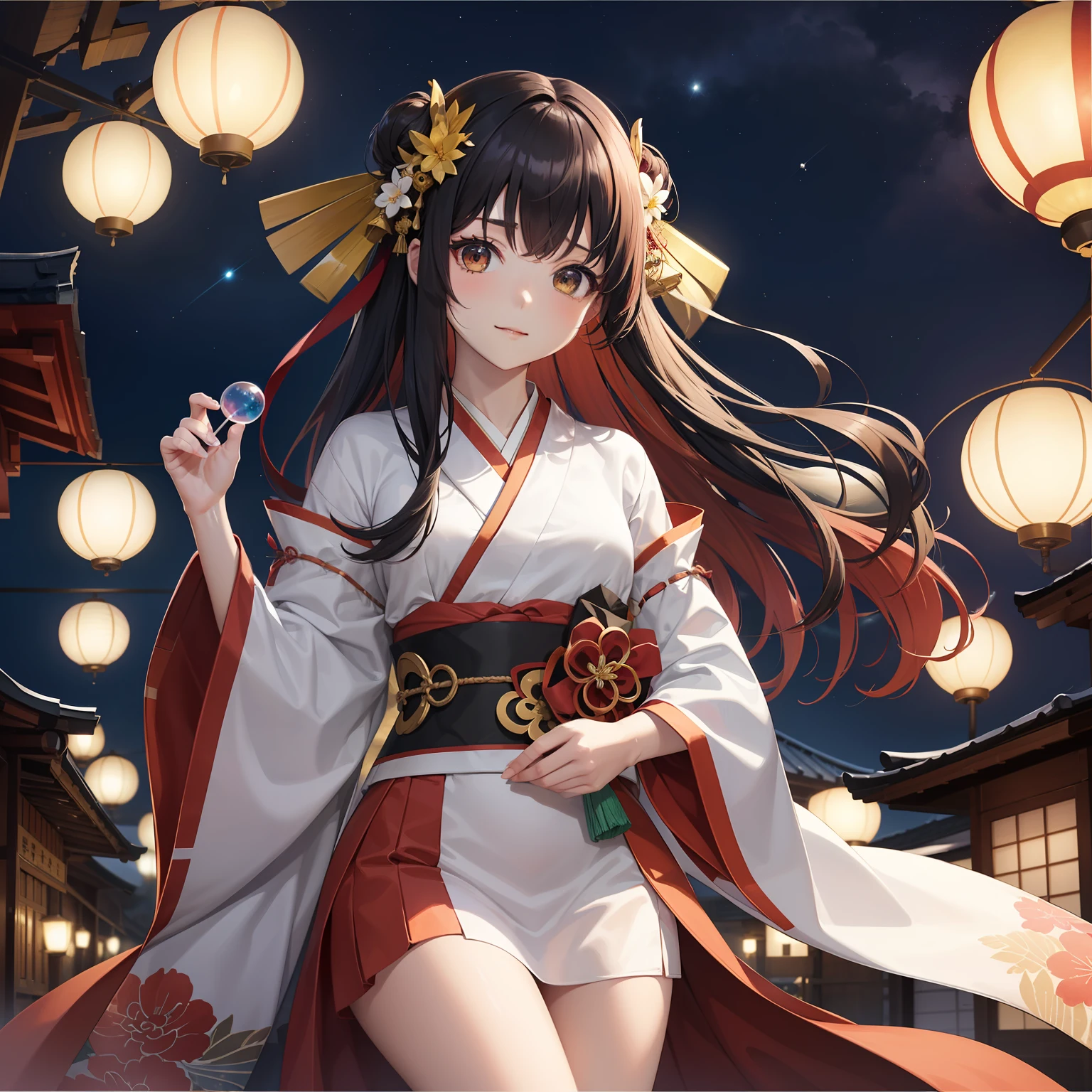 watercolor paiting(Beautifully Aesthetic:1.2)、(1girl in:1.3)、(Higanbana Hair、colourful hair、Half black and half red hair:1.2)、Eau、liquids、natta、colourfull、starrysky、stele、nigh sky、a dark night、Japanese dress、Otorii Mae、Landscape painting、glowing lanterns、Fantastical、lycoris flower、shrines、Floating soap bubbles、