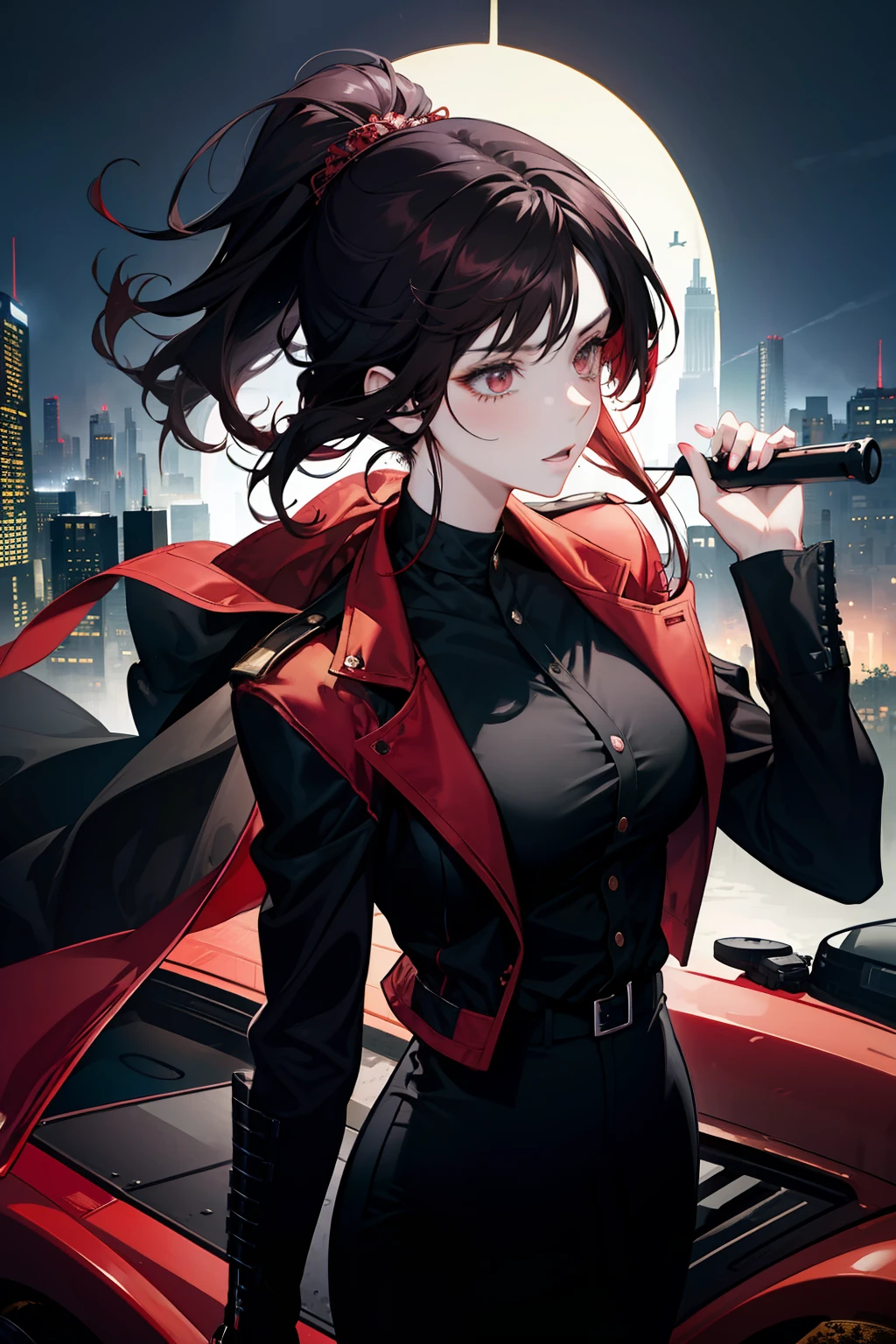 Couple, 1 girl 1 boy, dark red hair girl, black hair boy, bodyguard boy, seductive and cute girl, modern city night background, black outfit