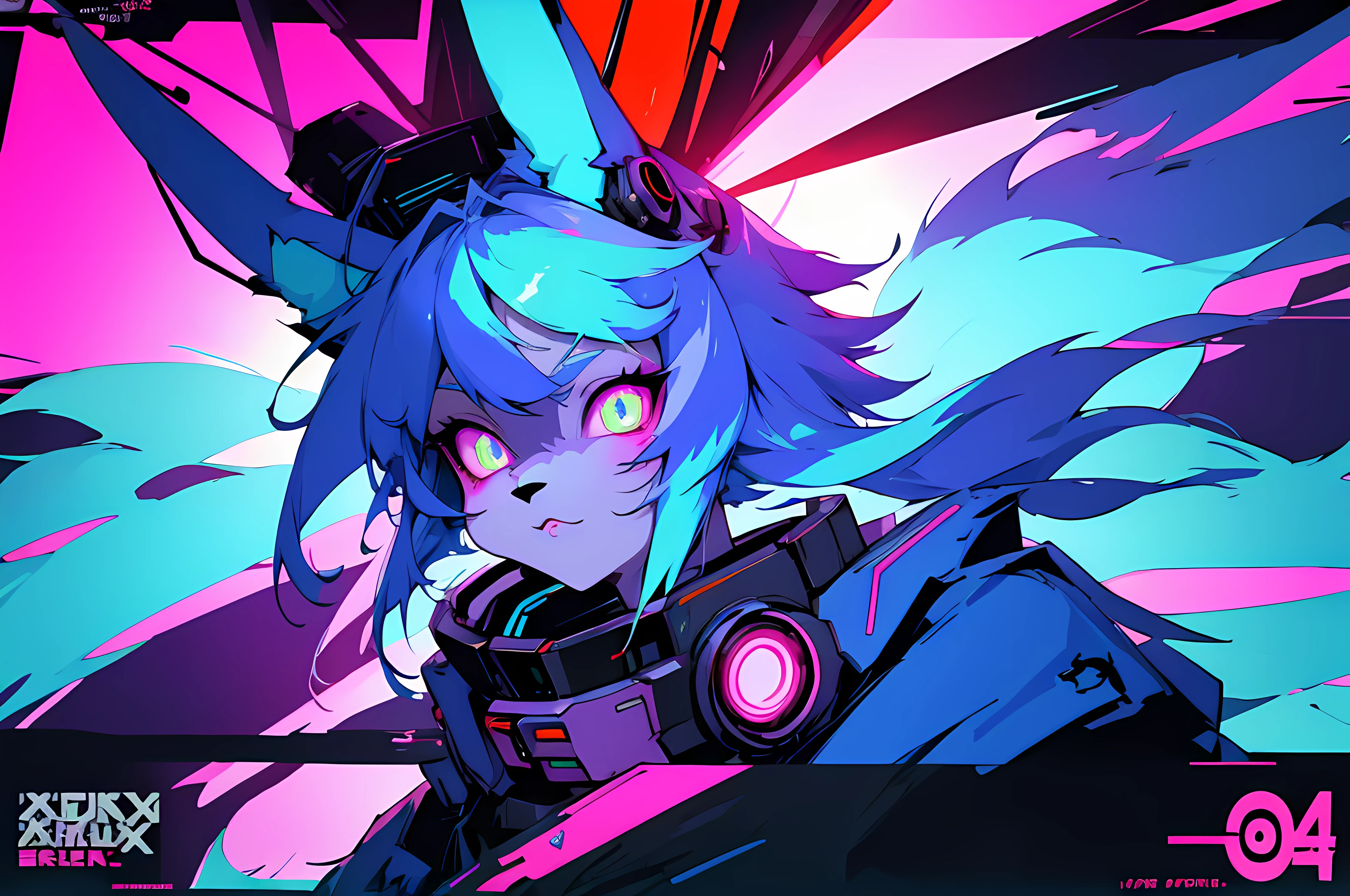 (vintage vhs), (crt screenshot), (Zen, Amy Sol style), (((blue anthro kemono furry rabbit))), underground cavern shining flashlight in old ruins, scene from a show about a blue anthro furry kemono rabbit who investigates deep space crime, (vast decrepit scenery:1.2) blame! style, nightmarish illustration, glowing eyes everywhere, intense eye contact, hybrid human / anthro, electrixbunny, rabbit anthro portrait, ((portrait)), bunnypunk, weirdcore voidpunk fursona, wearing bunny ears, cover art with light abstraction, abstract, simple vector art, contemporary Cybernetic art, color gradients, soft color palettes, layered forms, whimsical animation, style Ethereal abstract, 4K, , anime character with futuristic hair and glowing eyes in a dark room, digital cyberpunk anime art, anime style 4 k, digital cyberpunk - anime art, anime mecha aesthetic, digital cyberpunk anime!!, anime cyberpunk art, fully robotic!! catgirl, hyper concept art, cyberpunk anime girl mech, portrait anime space cadet girl, wearing cybernetic bunny ears , anime character with futuristic hair and glowing eyes in a dark room, digital cyberpunk anime art, anime style 4 k, digital cyberpunk - anime art, anime mecha aesthetic, digital cyberpunk anime!!, anime cyberpunk art, fully robotic!! catgirl, hyper concept art, cyberpunk anime girl mech, portrait anime space cadet girl, wearing cybernetic bunny ears --v6