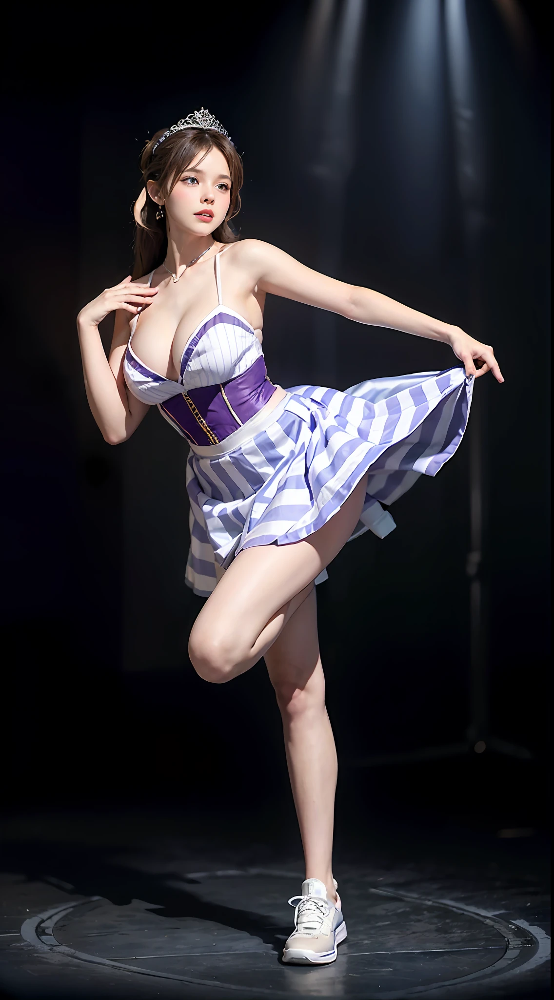 Surrealist women by David Hockney and Alphonse Mucha,Fantasyart,photographrealistic,动态照明,art stations,poster for,huge tit!torches,torchan,Stage,perform,theater,Volumetriclighting,Tall beauty,body high,Very detailed faces,4 k'',1girll,Stage,low tune,facial closeups,(Purple and white striped ballet costume,short transparent dress,Superskirt,Bunny Girl tiara,White sneakers,cleavage:1.4), updo hair,lots of people,Redlip,ssmile,low chest,deep v big breasts,huge tit,Raised sexy,Bigchest,Large breasts,Breast swelling,Raised chest,blackstockings,Breasts are plump,crisp breasts,A plump chest,the breasts are large,Seductive expressions,Wear earrings,The skirt floated,Hair flowing up,Fairy under fan,wearing a choker,Wear a bracelet,The stands up,standing on your feet,long leges,blackstockings,Wet all over,Moisturizes the whole body,huge tit,Red lips,Curvy beauty,Female beauty,stocklings,gigantic cleavage breasts,black lence stockings,slenderlegs,Hot dance,ballet dance,Ballerina,full bodyesbian,beautifullegs,Dance,gracefulness,soft,softness,samba,samba,Noble,Rich,largeeyes,eye shadows,Long legs,beautifullegs,Thin leg,split,splitting legs,Dance,Dancer,split,Aerial capture,Jump up,Suspended in the air,Dancing in the air,The legs are long,Skirt bottom,Curvy beauty,Kicking