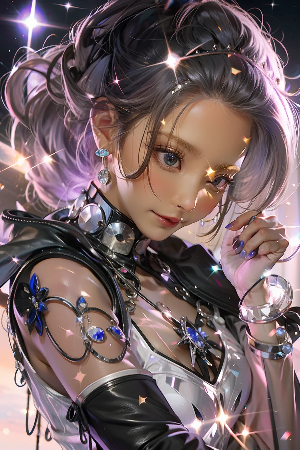 a queen, (Royal sister face:1.2), delicated, Holding a leather whip, Dress up, Noble, Crystal Palace, Galactic Starlight, 𝓡𝓸𝓶𝓪𝓷𝓽𝓲𝓬