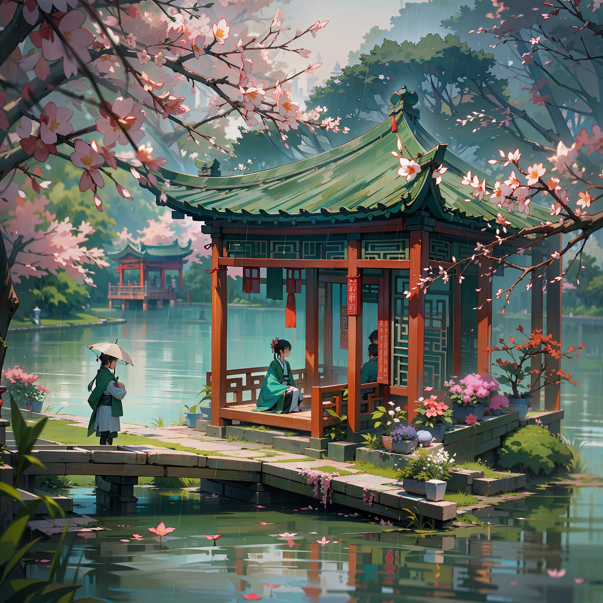 Spring has sprung,Grandiose scenes,Gangnam scenery,Flowers red willow green,Turquoise Lake(Turquoise Lake × 2.0),Calm lake,West Lake view,A small boat with a colorful canopy(There is only one),On board sat an ancient Chinese poet(only one),【The boat contrasts with the wide lake】,Drizzle(Rainy days),rain,Mist,Green trees,Faraway view,a sense of atmosphere,China-style,In the distance, A corner of the pavilion looms,Ancient China,vibrant with colors,Rule of thirds composition, Highest image quality,visual shock。