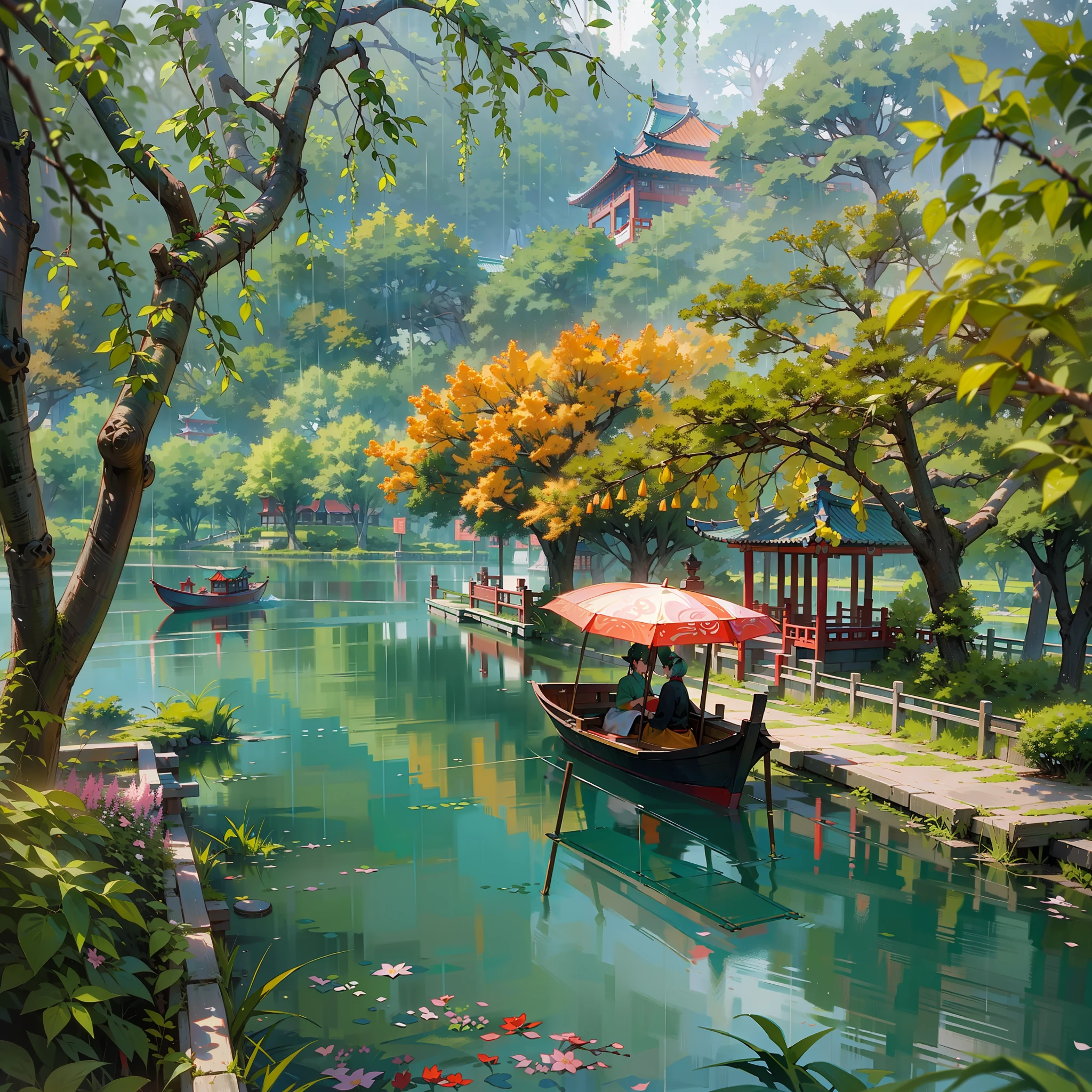 Spring has sprung,Grandiose scenes,Gangnam scenery,Flowers red willow green,Turquoise Lake(Turquoise Lake × 2.0),Calm lake,West Lake view,A small boat with a colorful canopy(There is only one),On board sat an ancient Chinese poet(only one),【The boat contrasts with the wide lake】,Drizzle(Rainy days),rain,Mist,Green trees,Faraway view,a sense of atmosphere,China-style,In the distance, A corner of the pavilion looms,Ancient China,vibrant with colors,Rule of thirds composition, Highest image quality,visual shock。